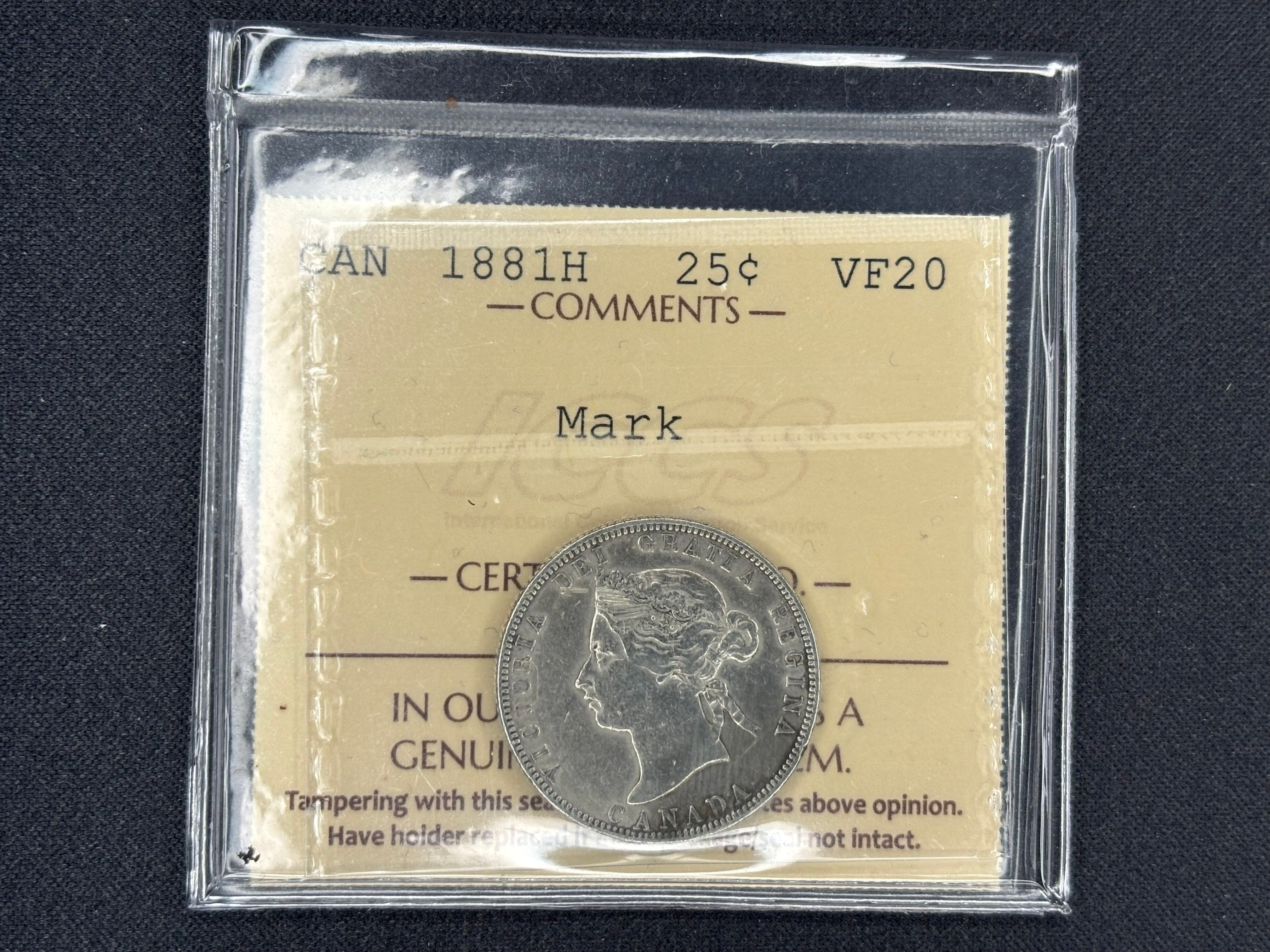 Canadian Silver Coin - 25 cents - 1881H Mark - ICCS VF20