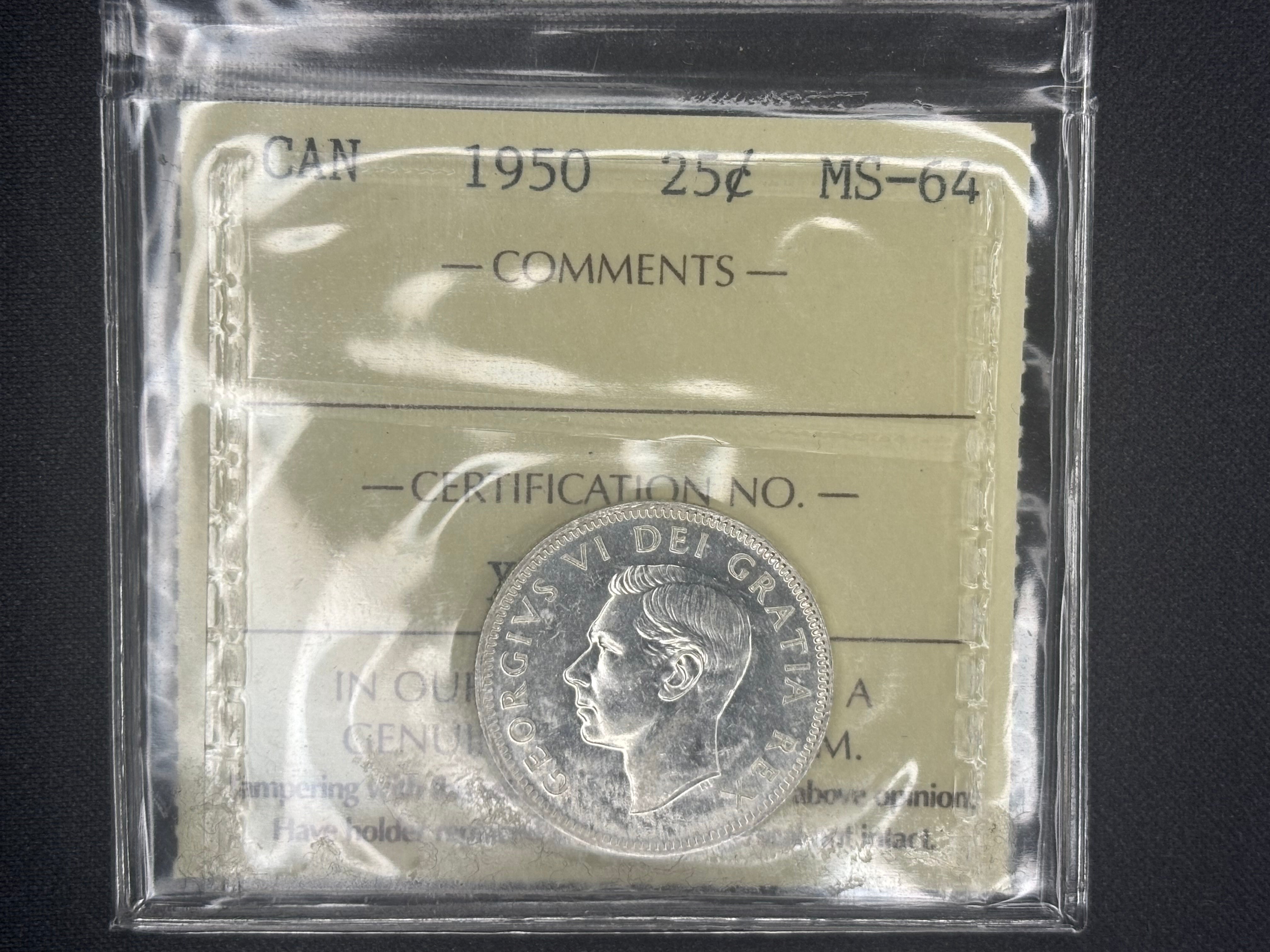 Canadian Silver Coin - 25 cents - 1950 - MS64 ICCS