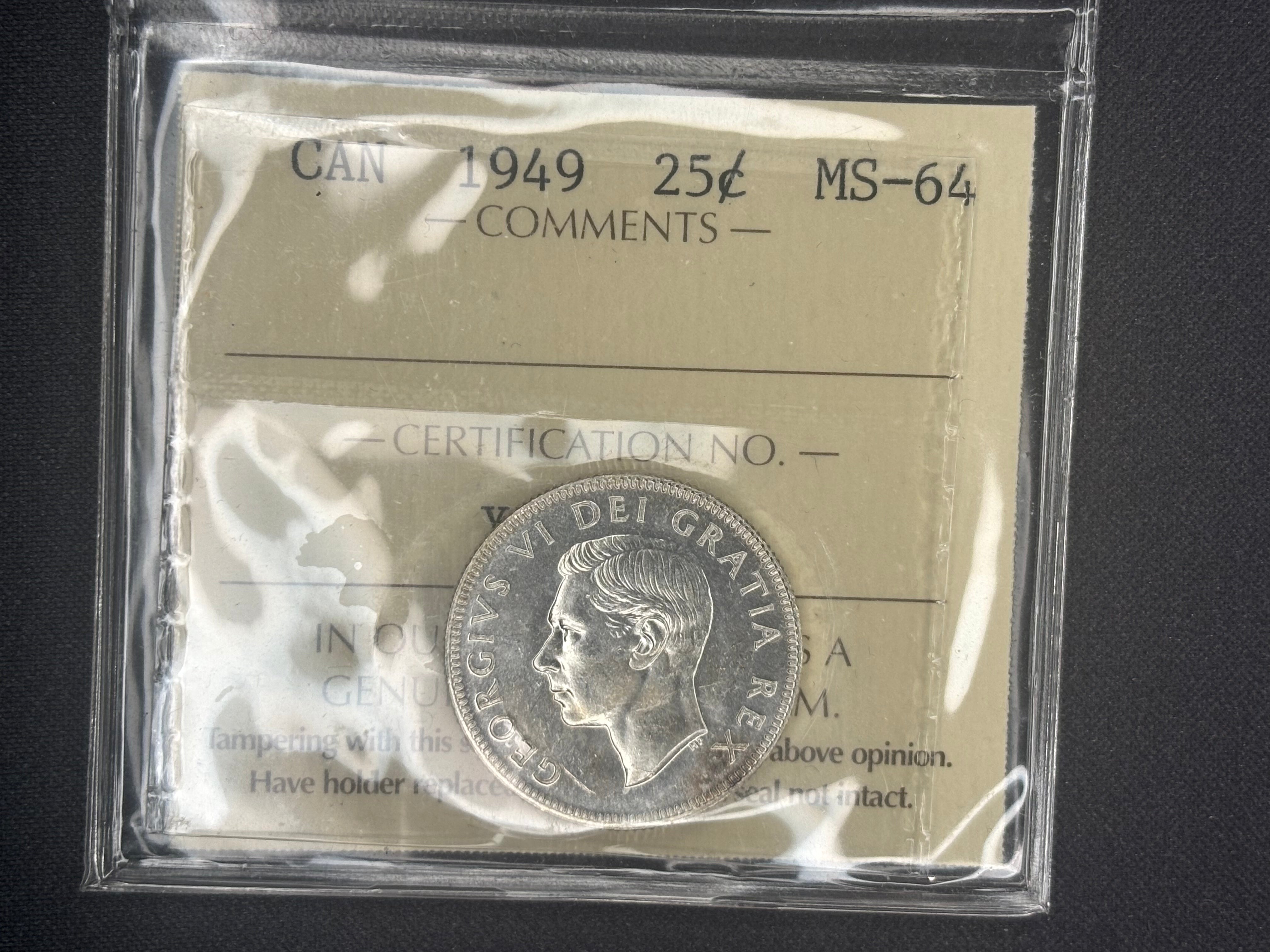 Canadian Silver Coin - 25 cents - 1949 - MS64 ICCS