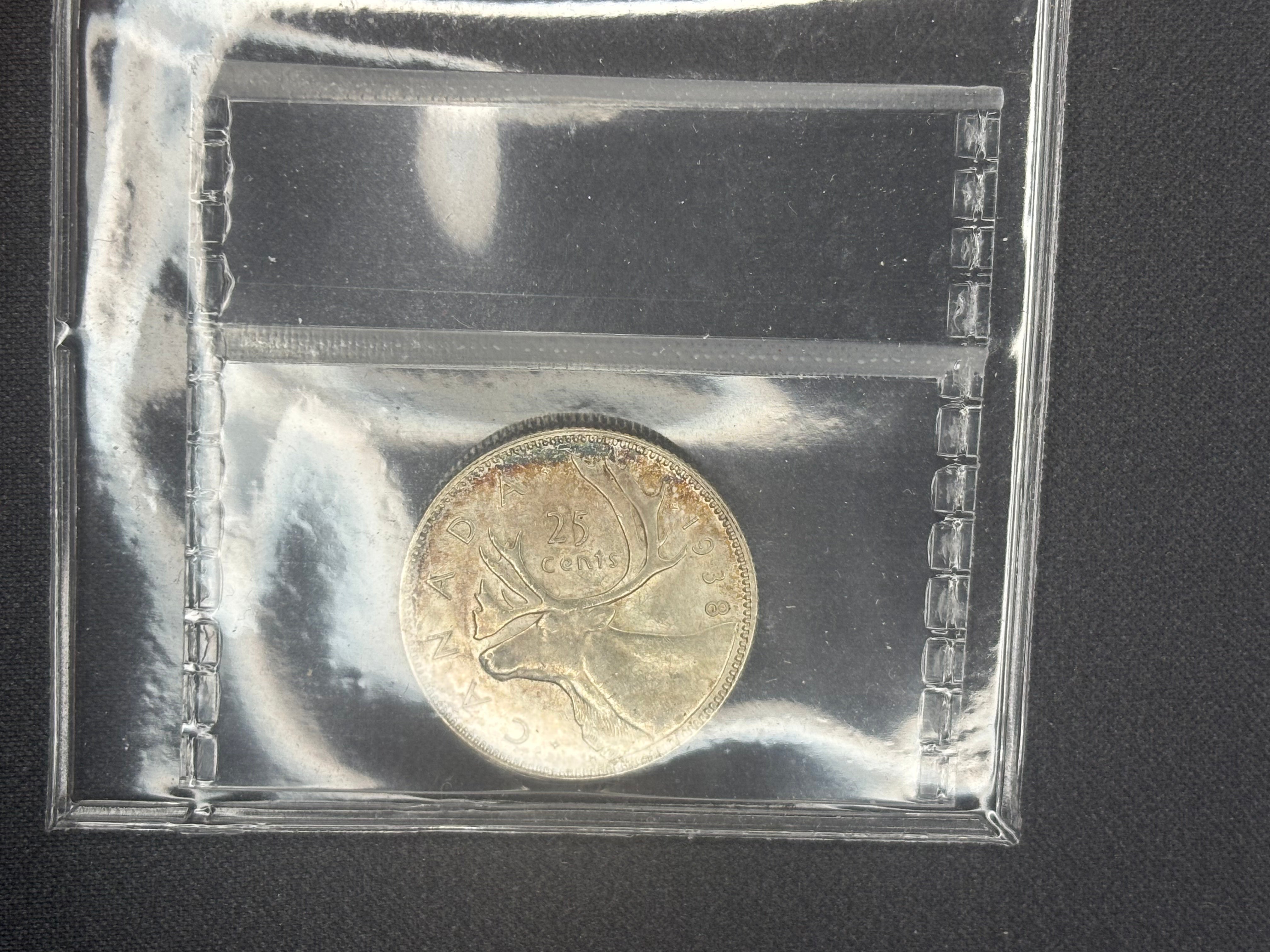 Canadian Silver Coin - 25 cents - 1938 - AU58 ICCS