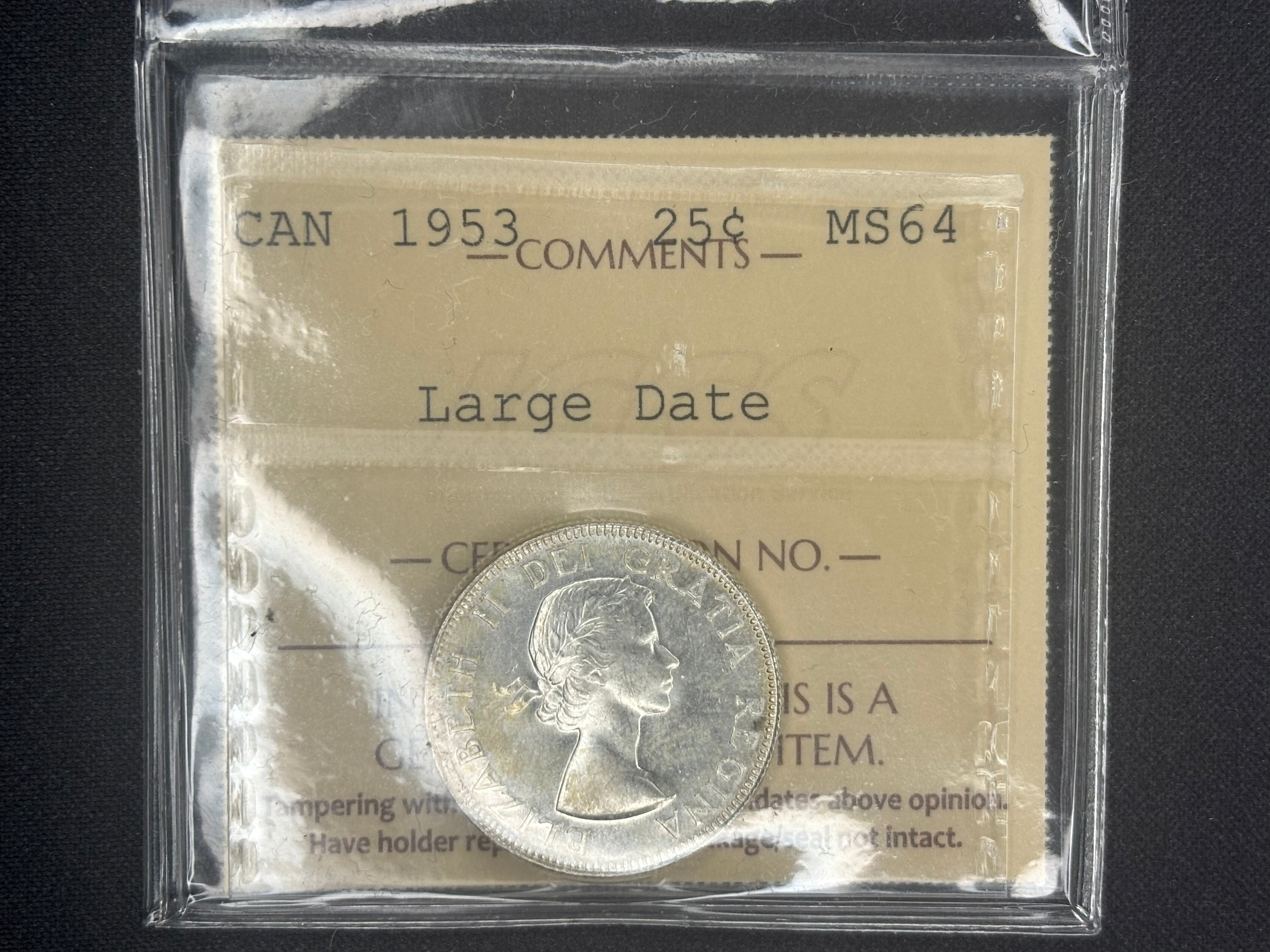 Canadian Silver Coin - 25 cents - 1953 LD - MS64 ICCS