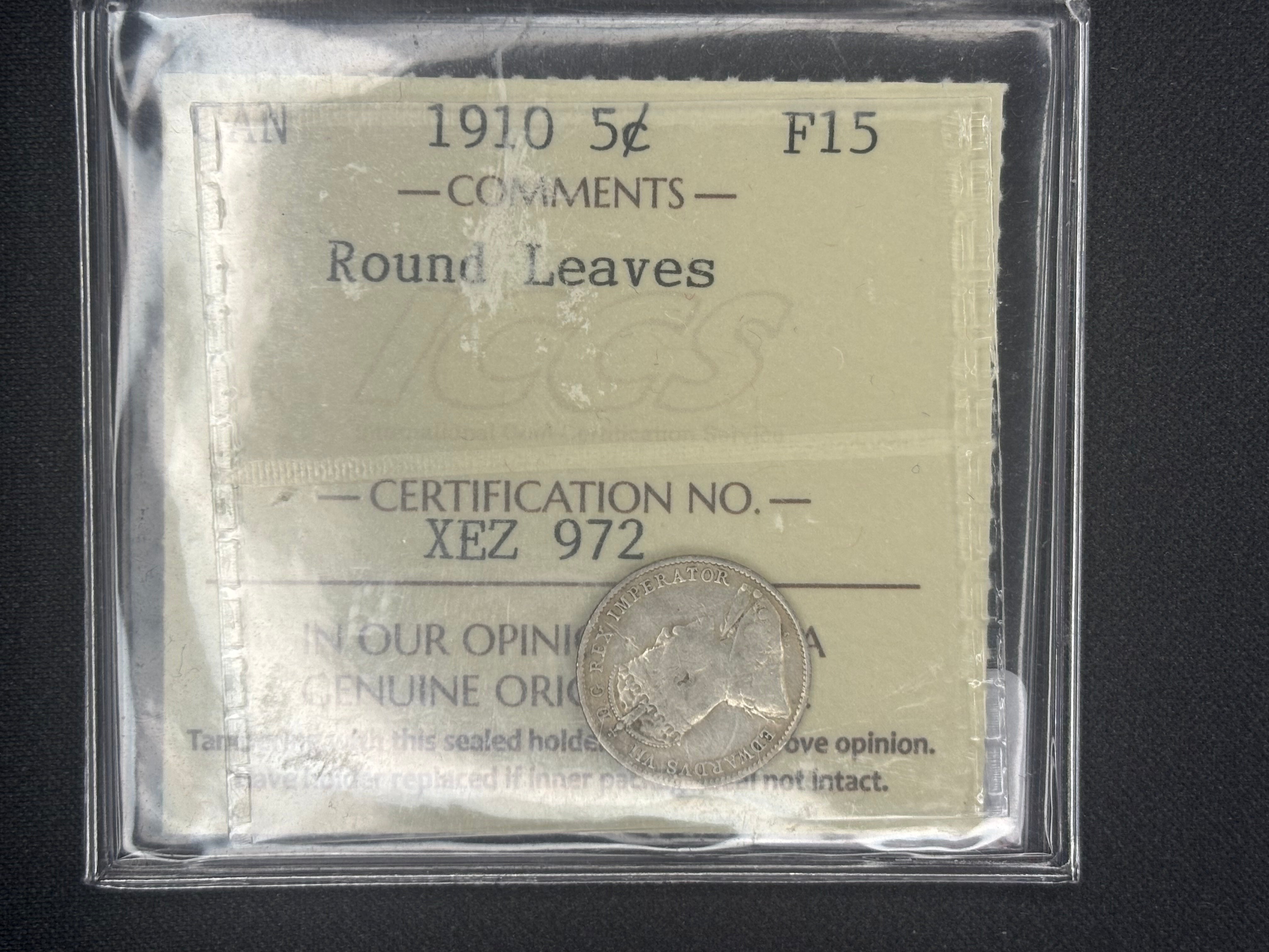 Canada Silver Coin - 5 cents - 1910 Round Leaves ICCS F15