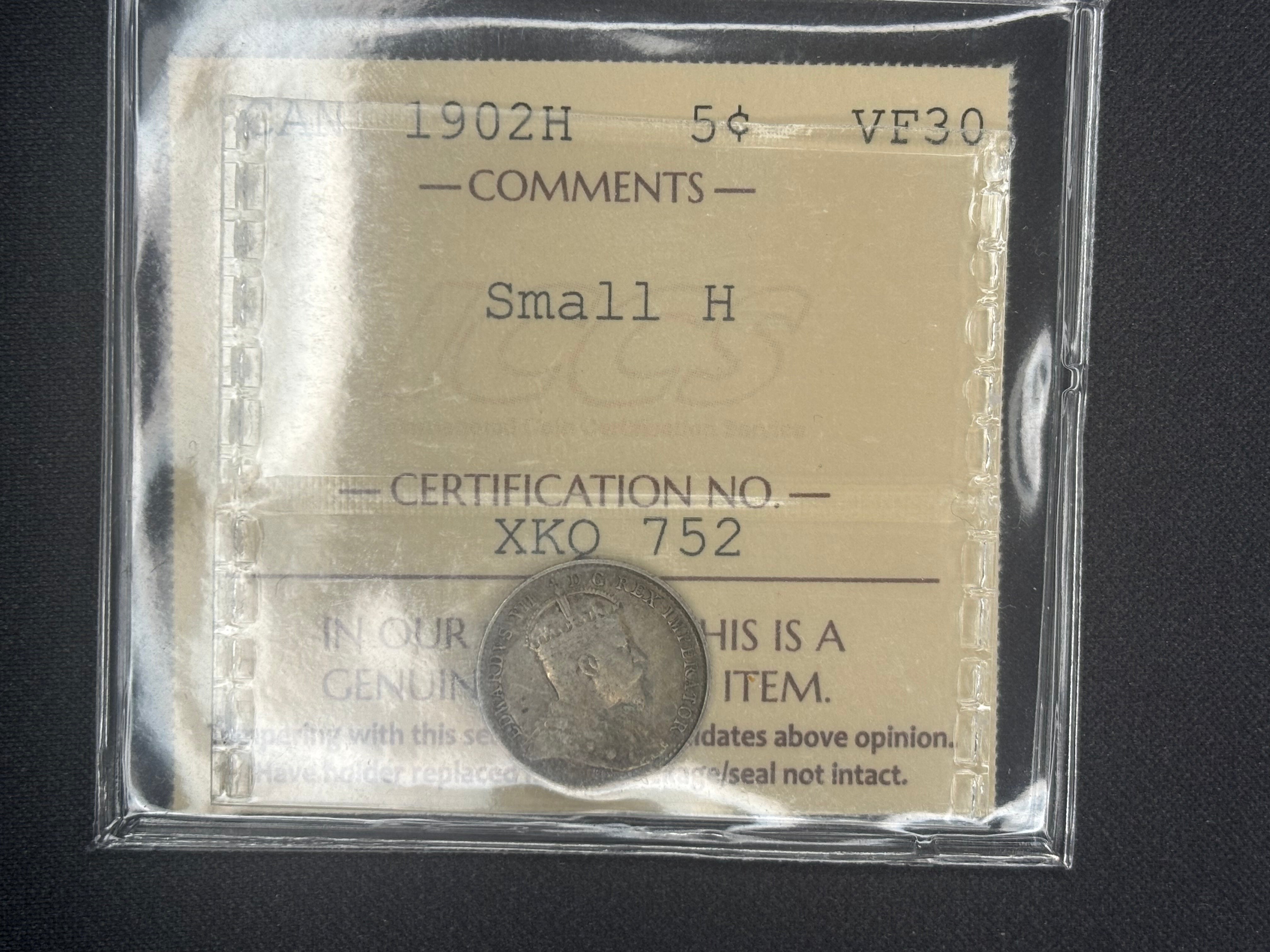 Canada Silver Coin - 5 cents - 1902H Small H - ICCS VF30