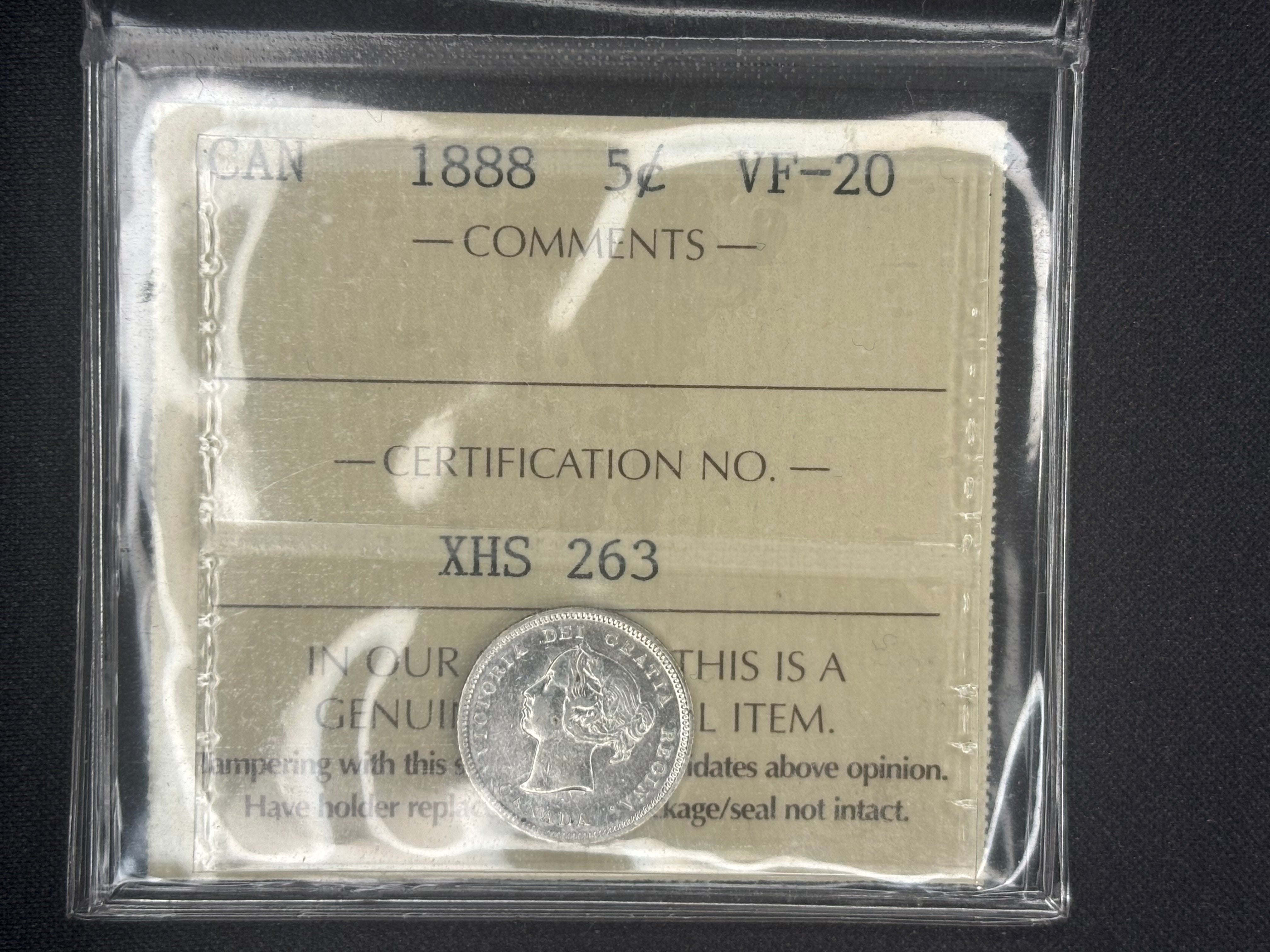 Canada Silver Coin - 5 cents- 1888 ICCS VF20