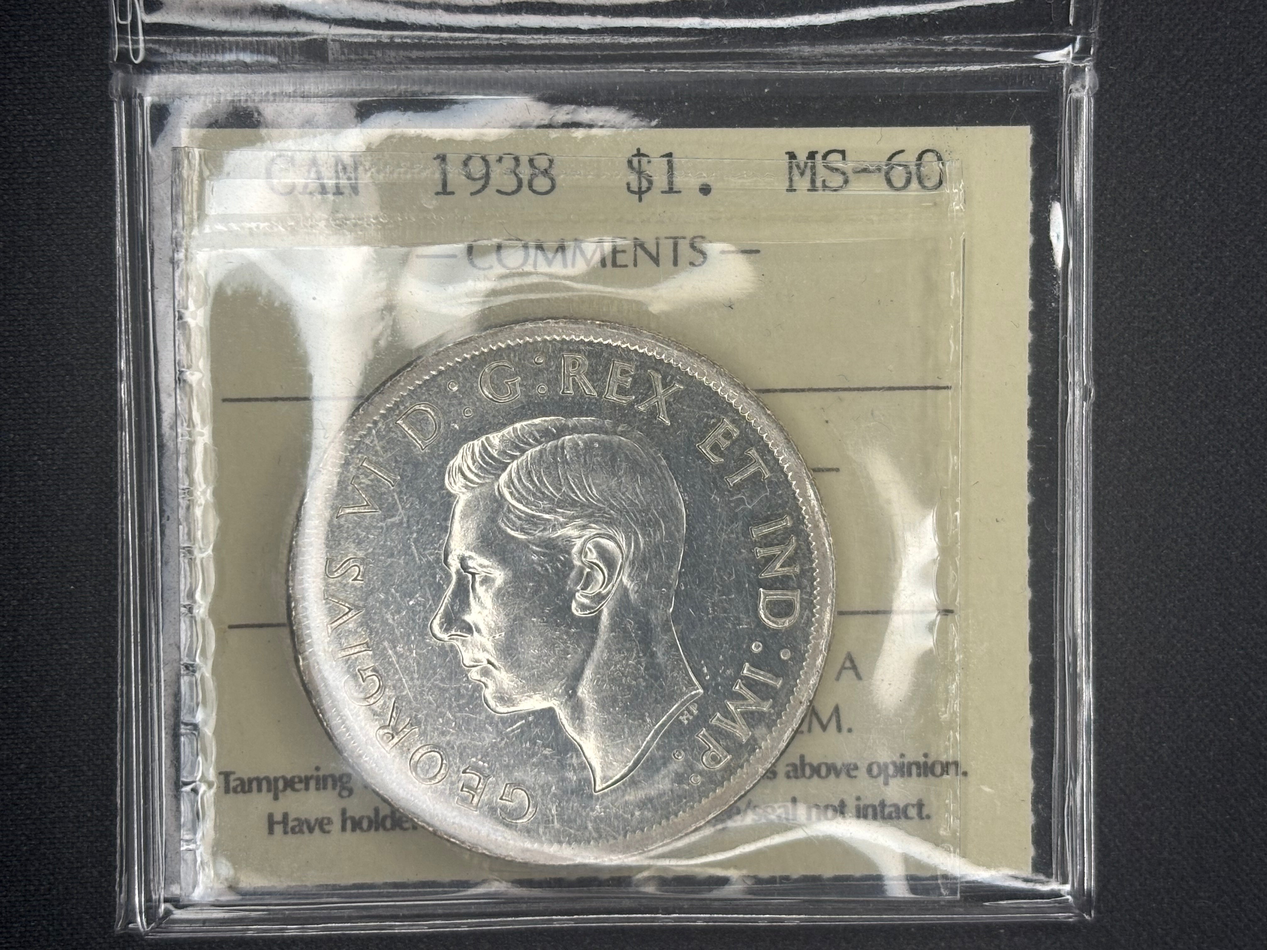 Canadian Silver Coin - Dollar - 1938 MS60 ICCS