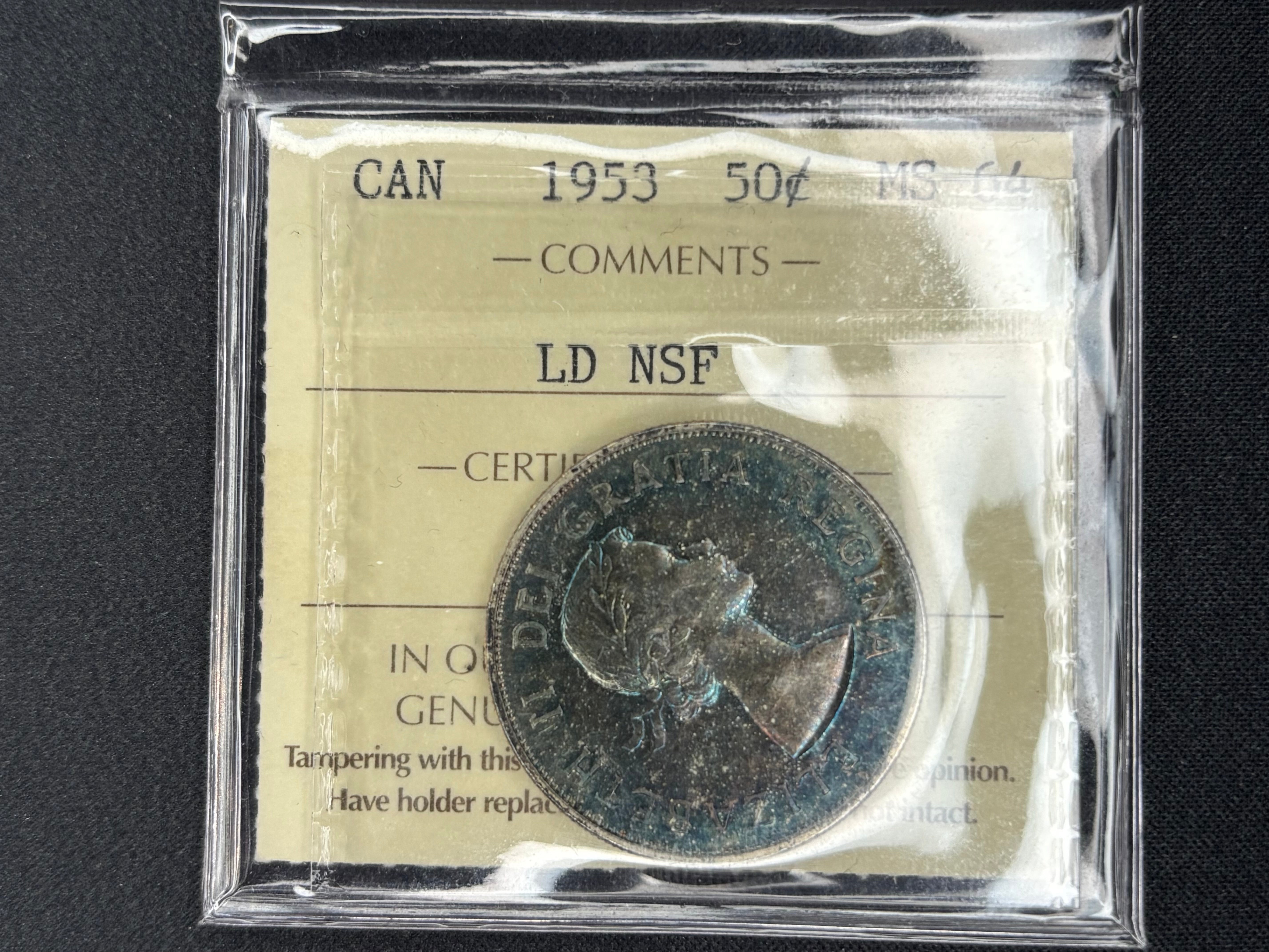 Canada Silver Coin - 50 cents - 1953 LD NSF Blue Toned- MS64 ICCS