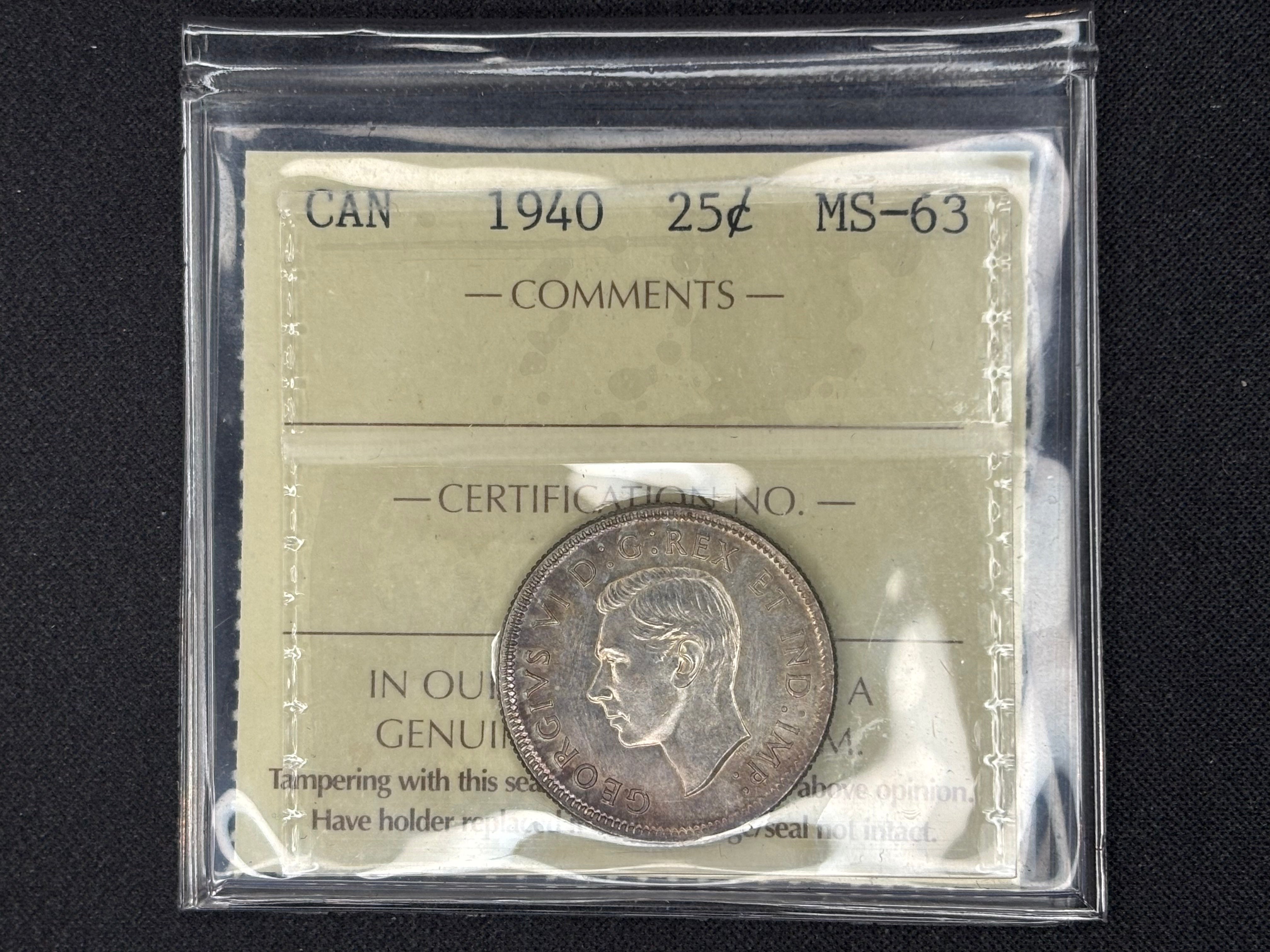Canadian Silver Coin - 25 cents - 1940 MS63 ICCS