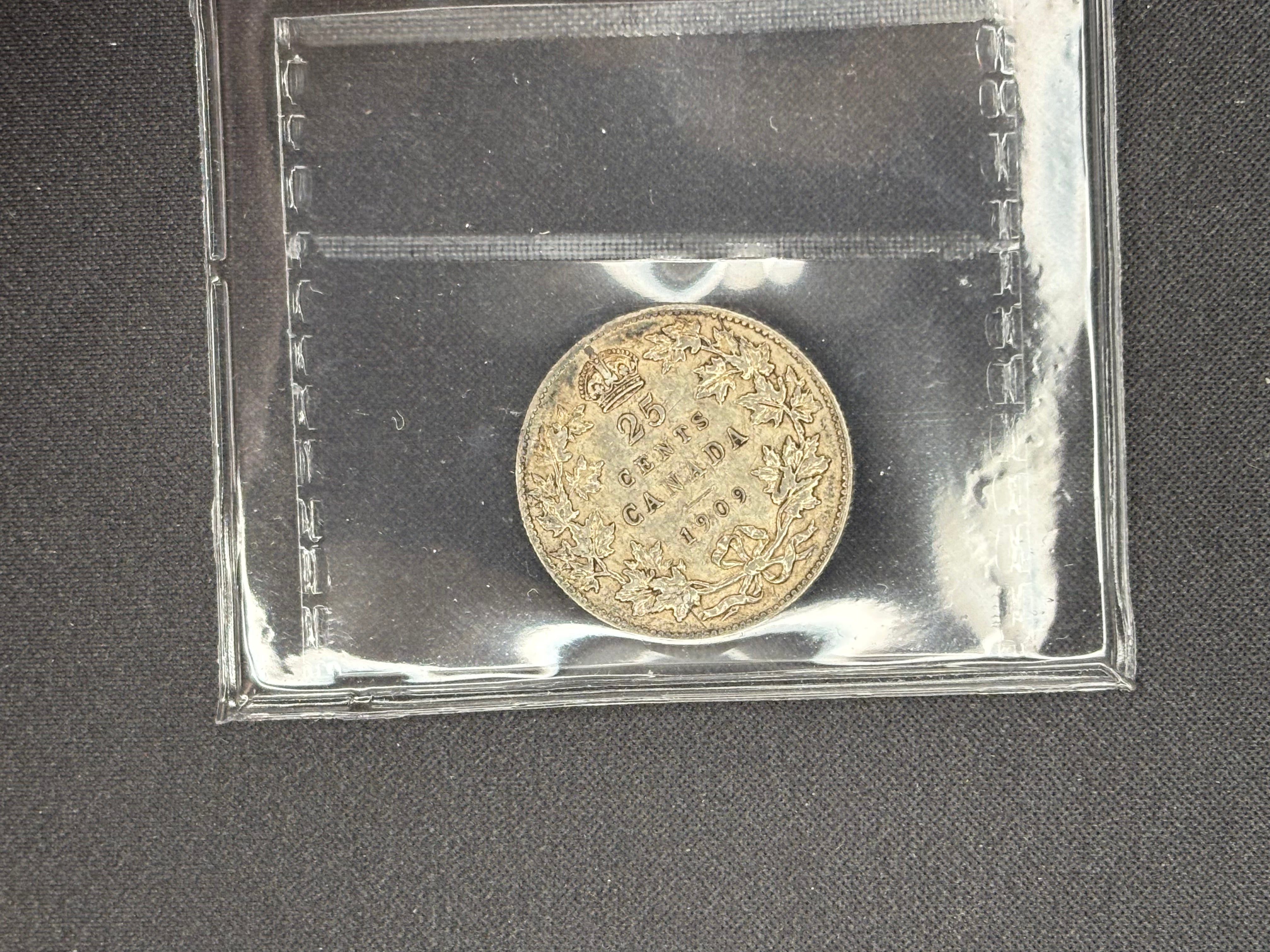 Canadian Silver Coin - 25 cents - 1909 AU50 ICCS