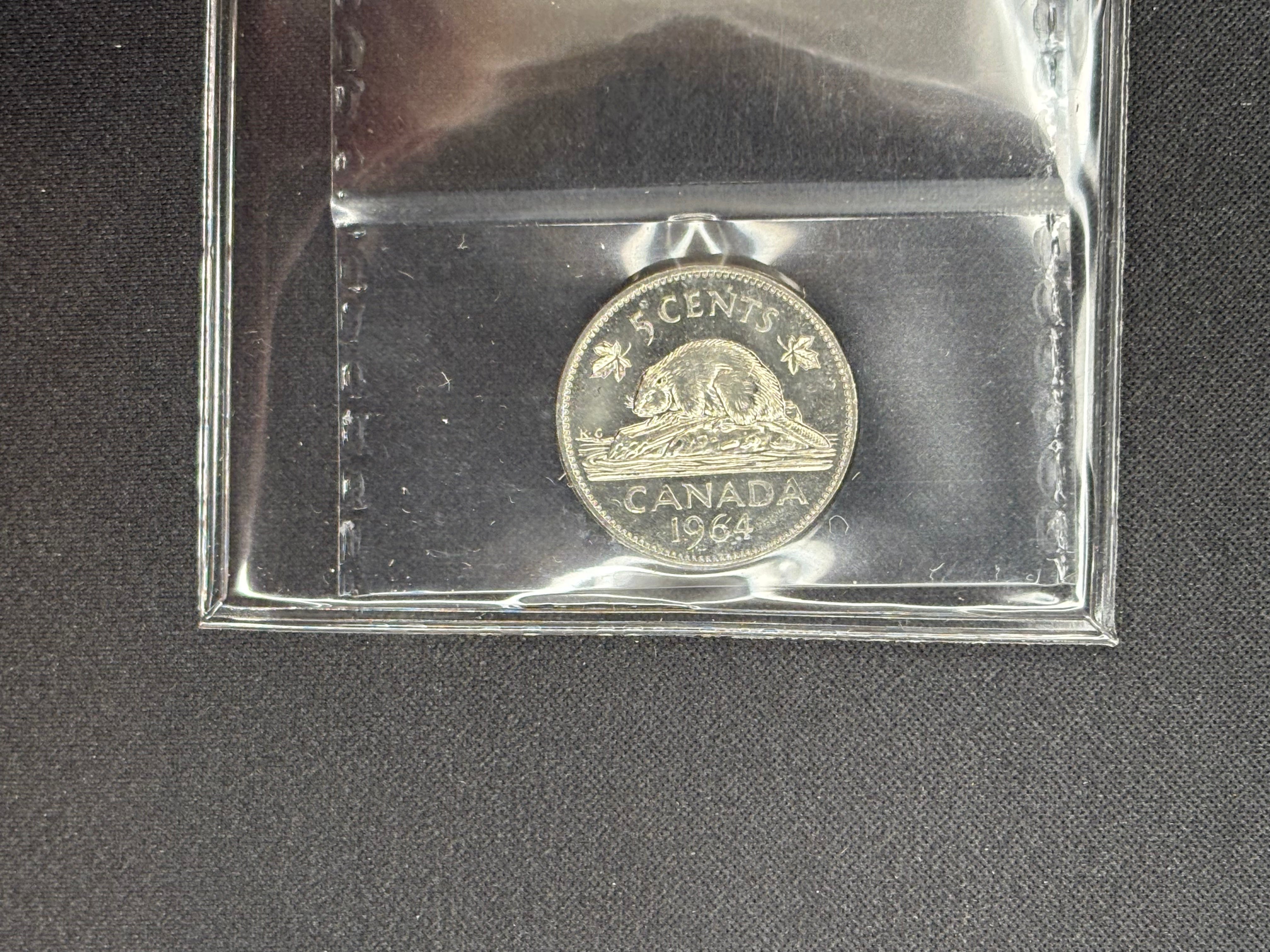 Canadian Nikel Coin - 5 cents - 1964 Extra Waterline Cameo - MS64 ICCS