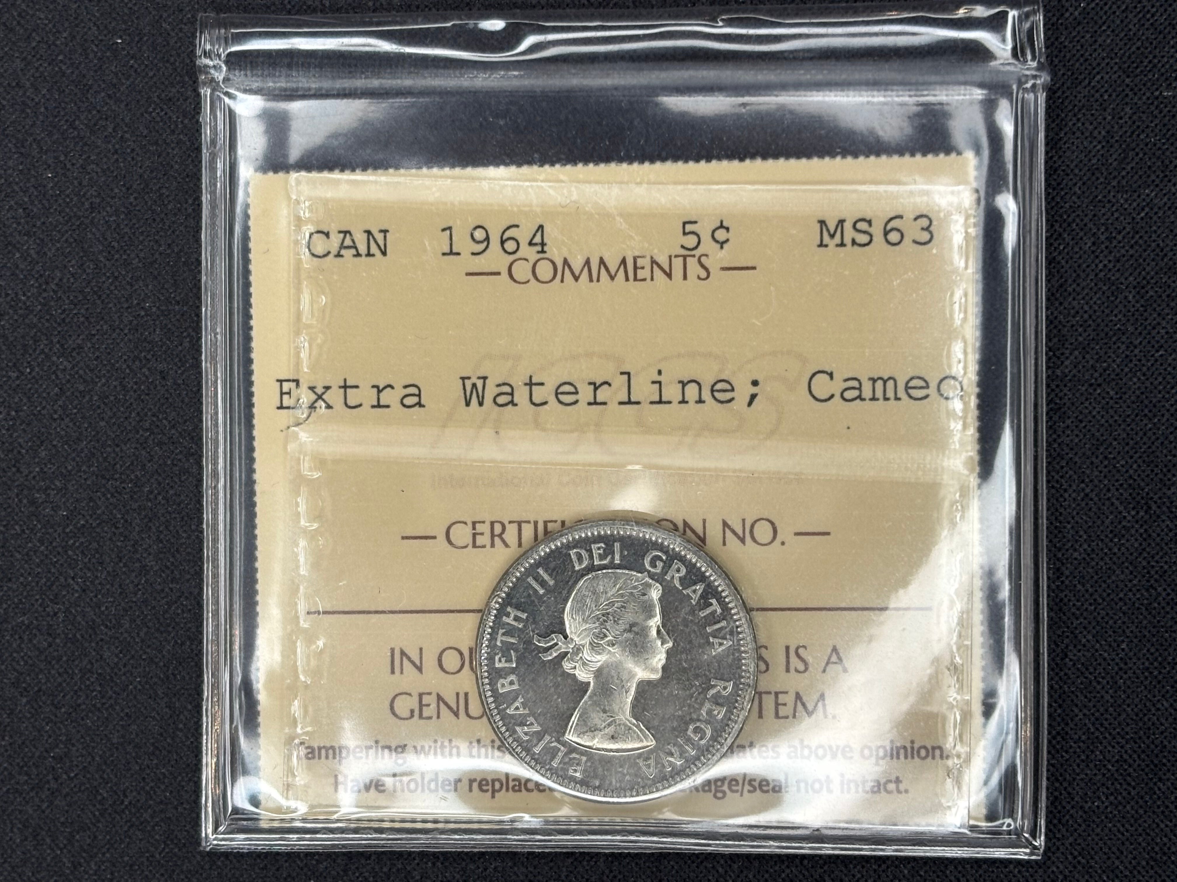 Key date Canadian Nikel Coin - 5 cents - 1964 Extra Waterline Cameo - MS63 ICCS