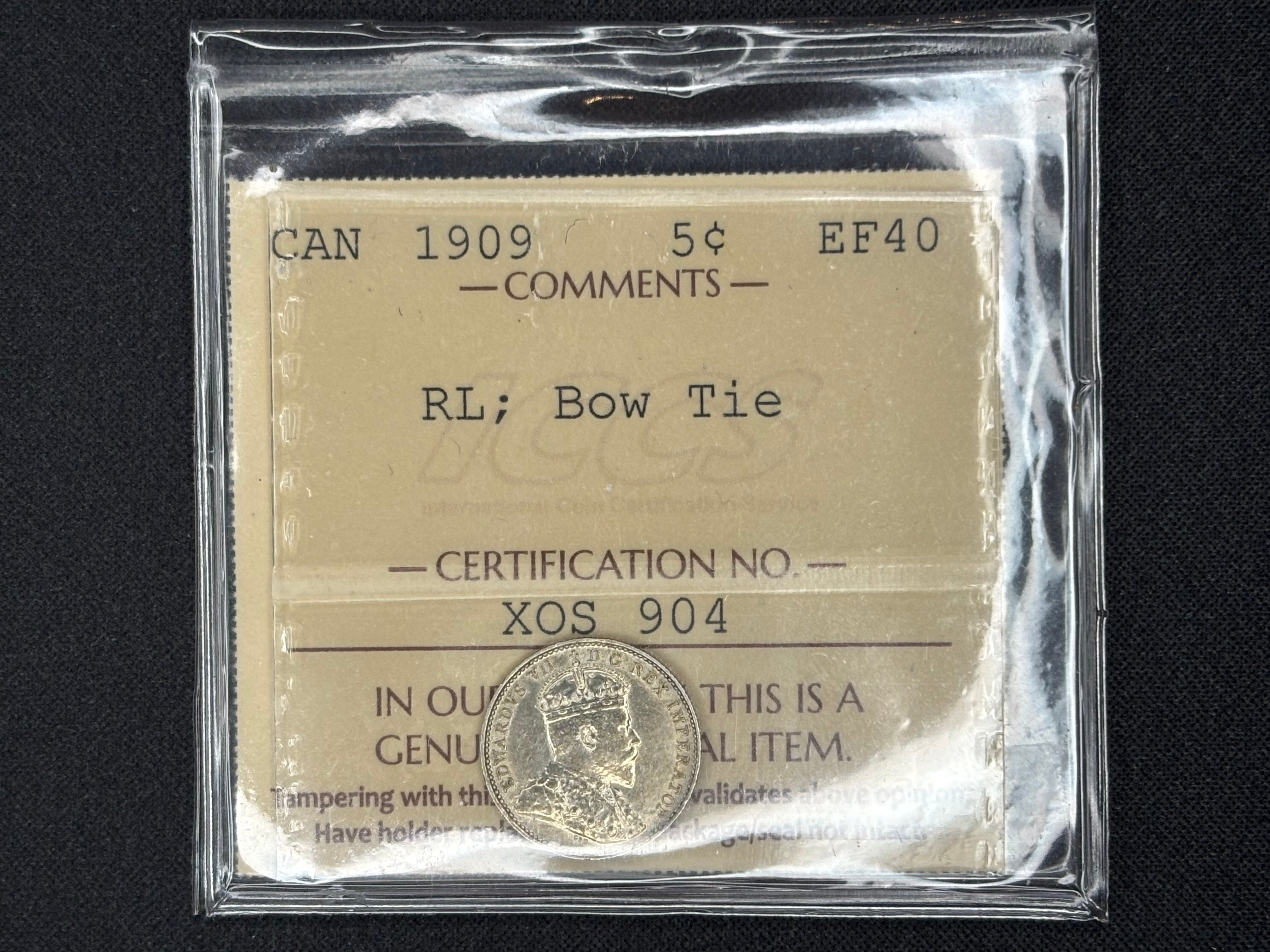 Canadian Silver Coin - 5 cents - 1909 RL ; Bow Tie - EF40 ICCS