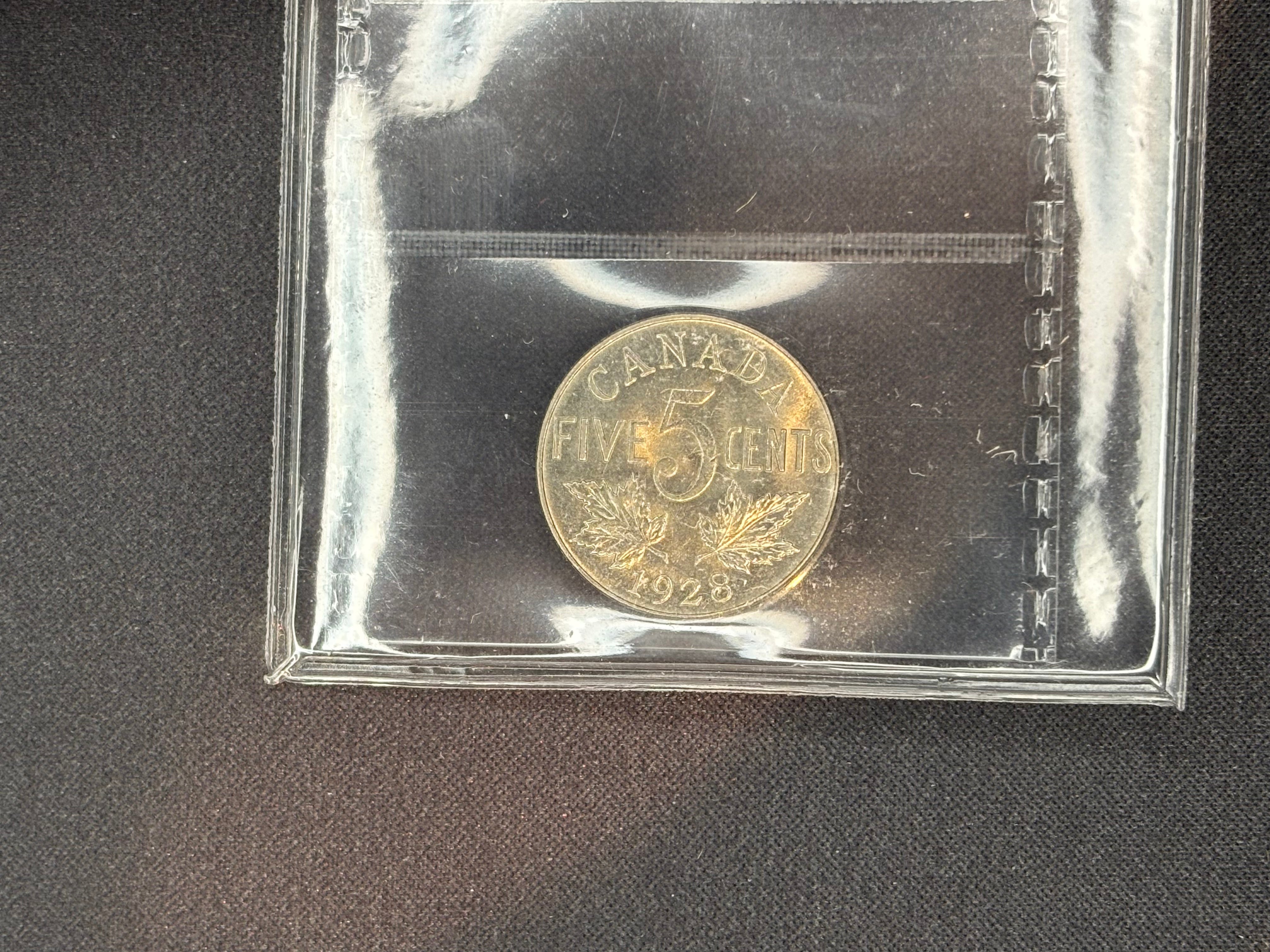 Canadian Nikel Coin - 5 cents - 1928 - MS63 ICCS