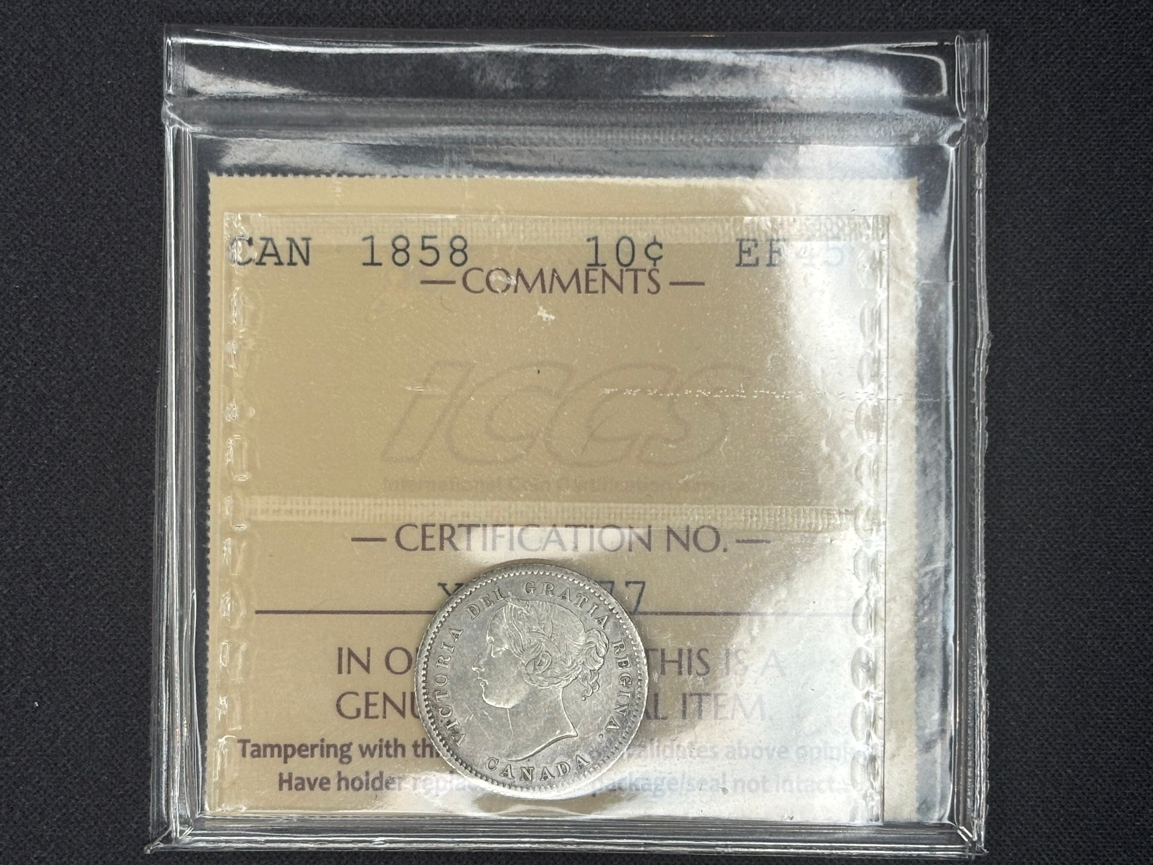 Canadian Silver Coin - 10 cents - 1858 - EF45 ICCS