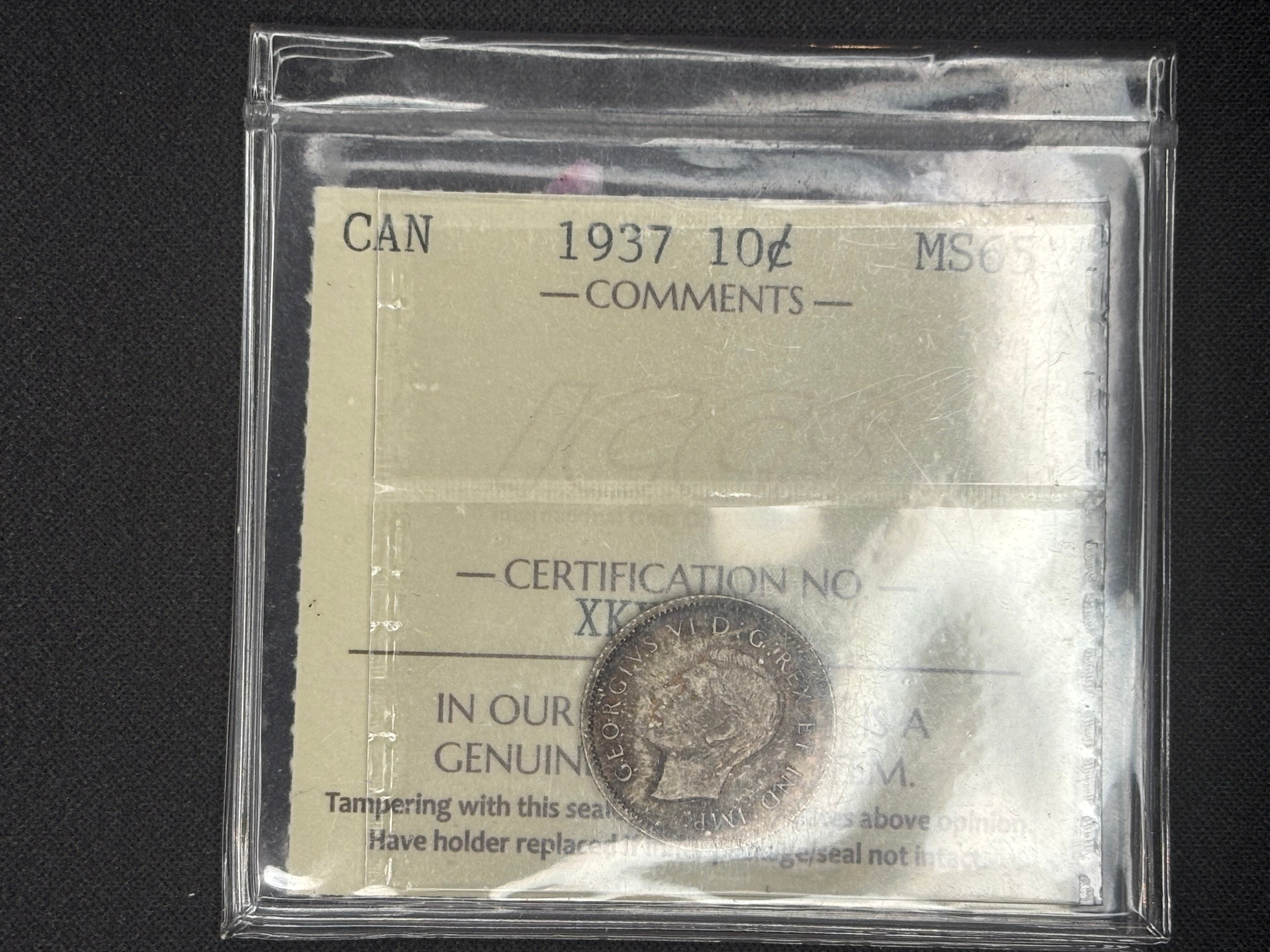 Canadian Silver Coin - 10 cents - 1937 MS65 ICCS