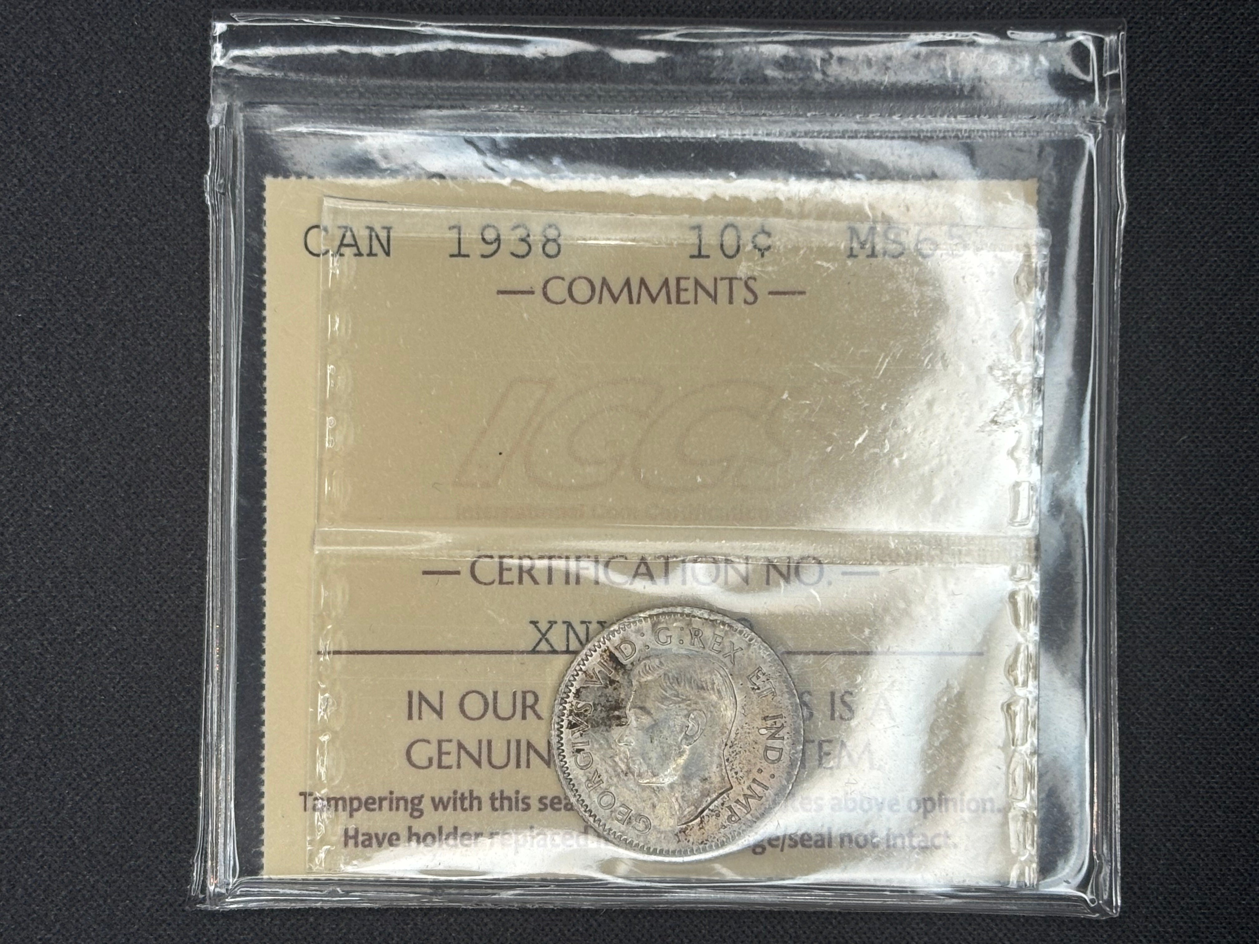 Canadian Silver Coin - 10 cents - 1938 MS65 ICCS