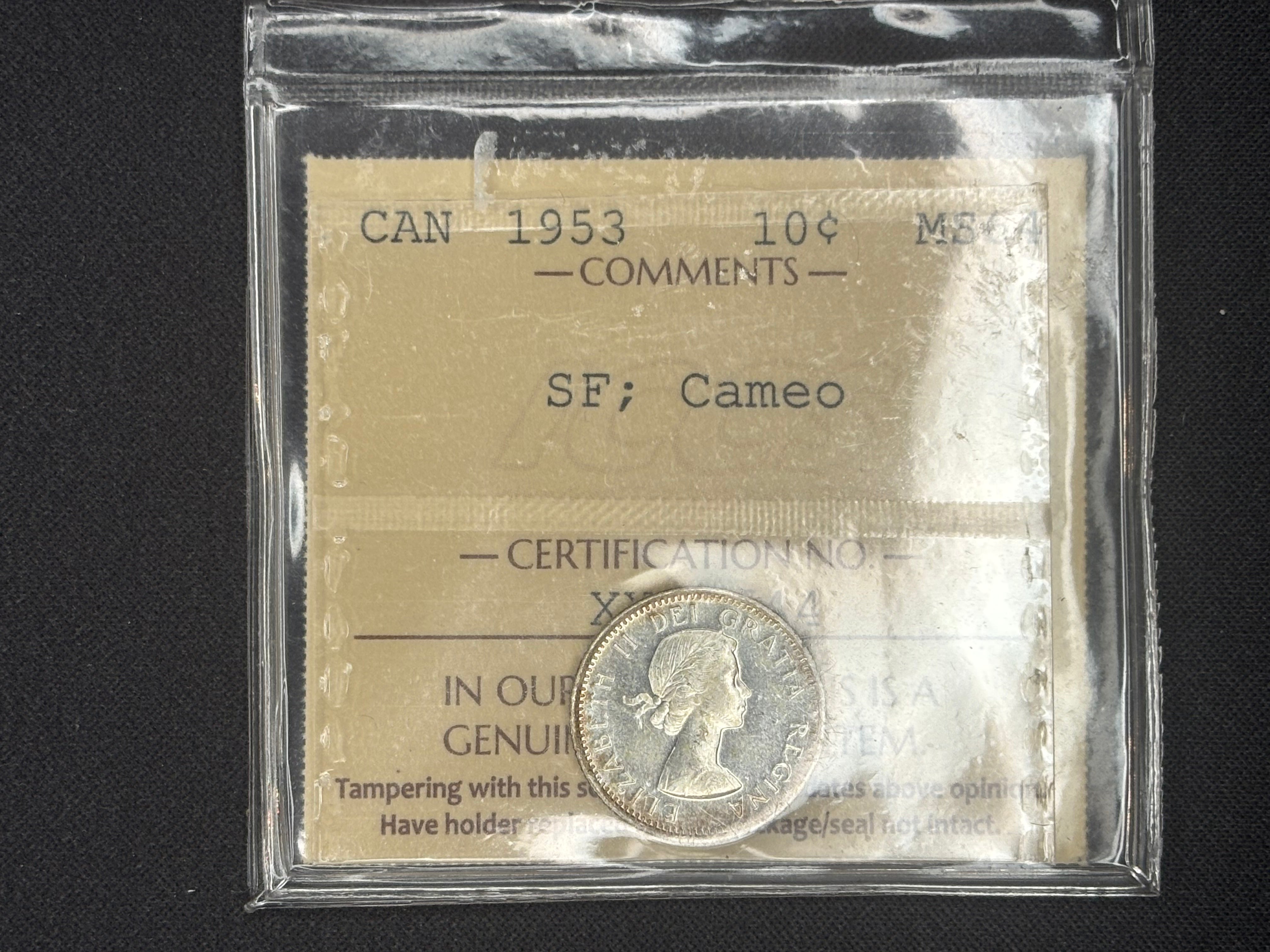 Canadian Silver Coin - 10 cents - 1953 SF Cameo - MS64 ICCS