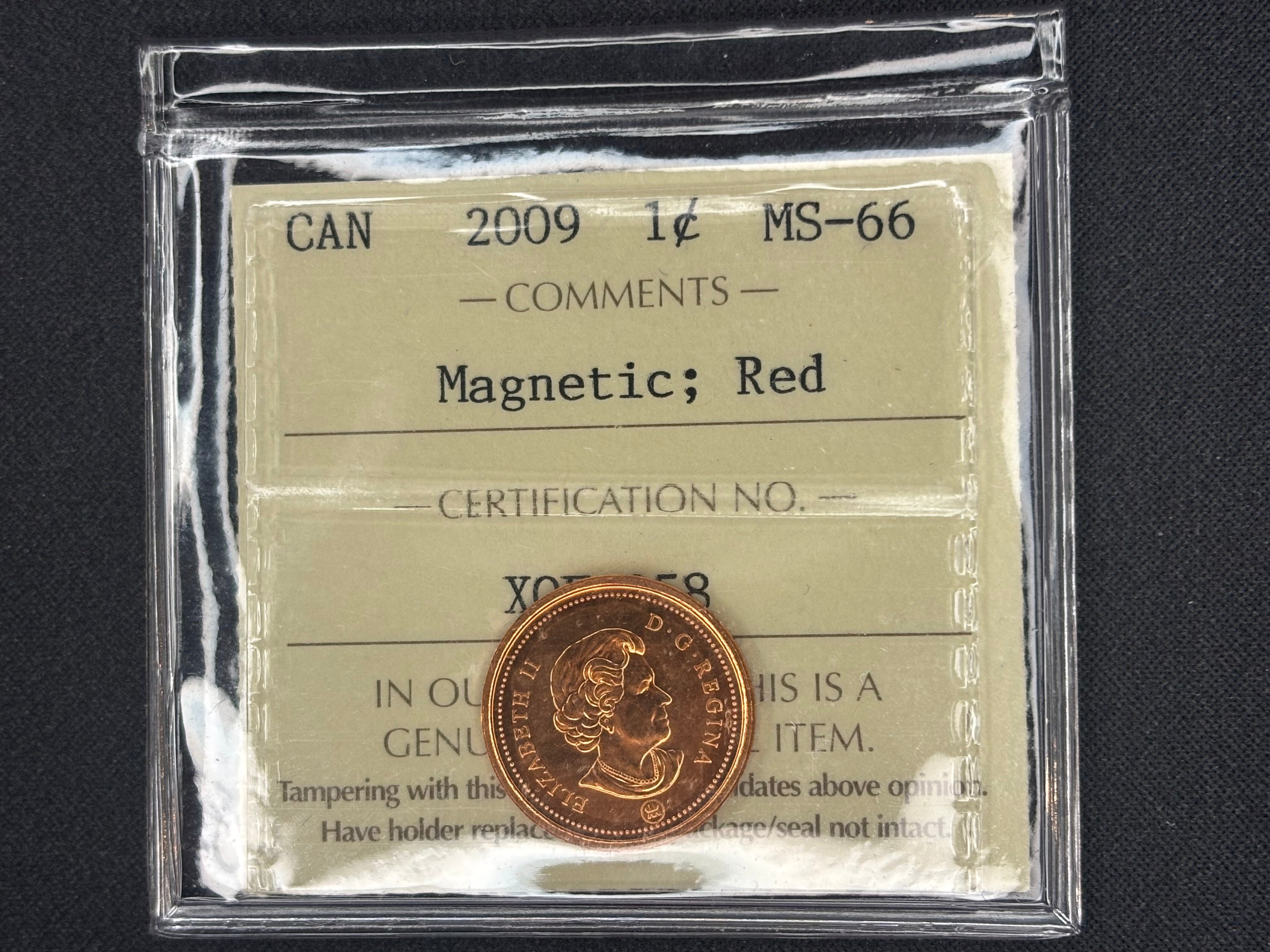 Canadian Coin - Penny - 2009 Magnetic ; Red MS66 ICCS