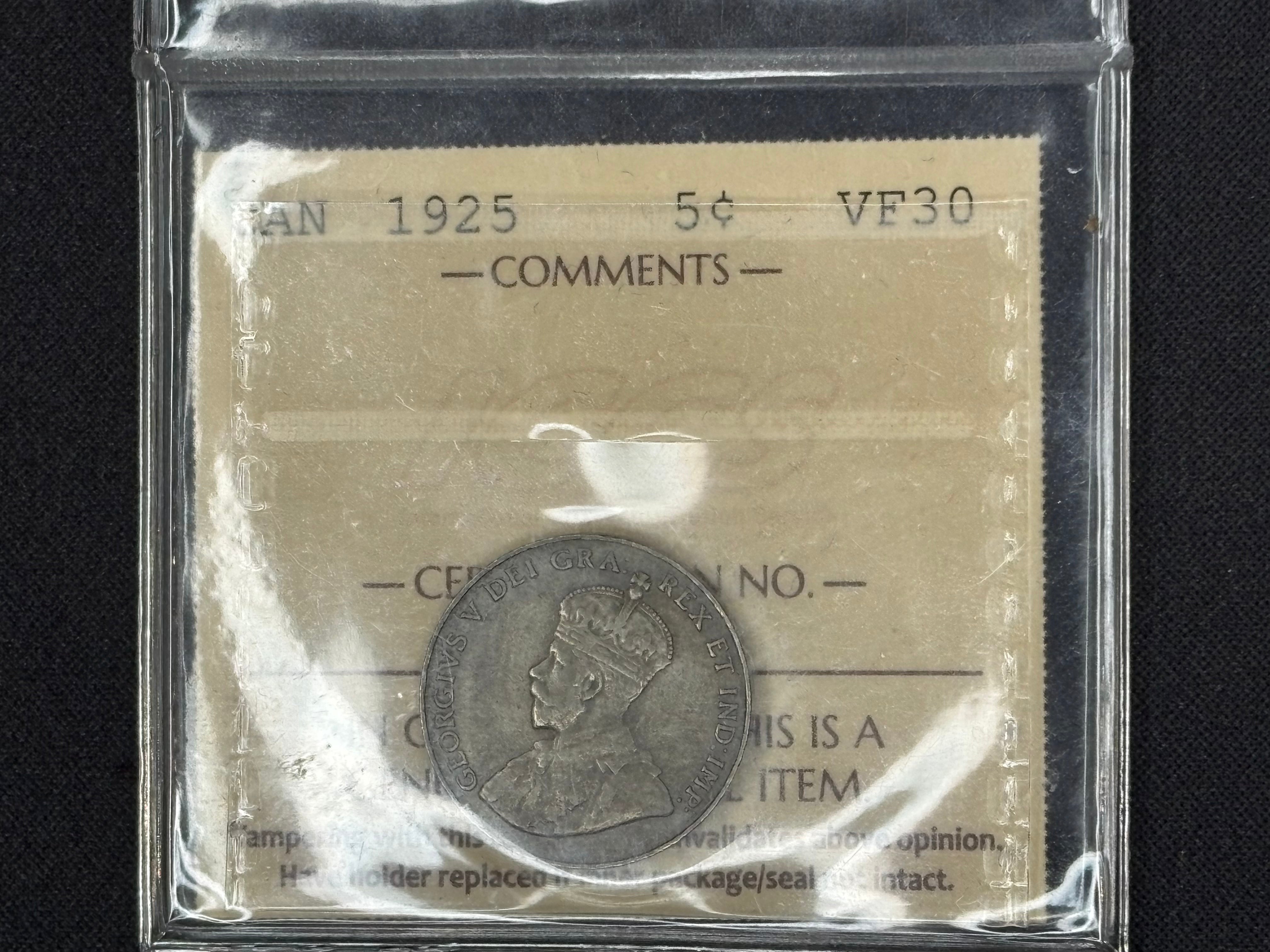 Key date Canadian Nickel Coin - 5 cents - 1925 - VF30 ICCS