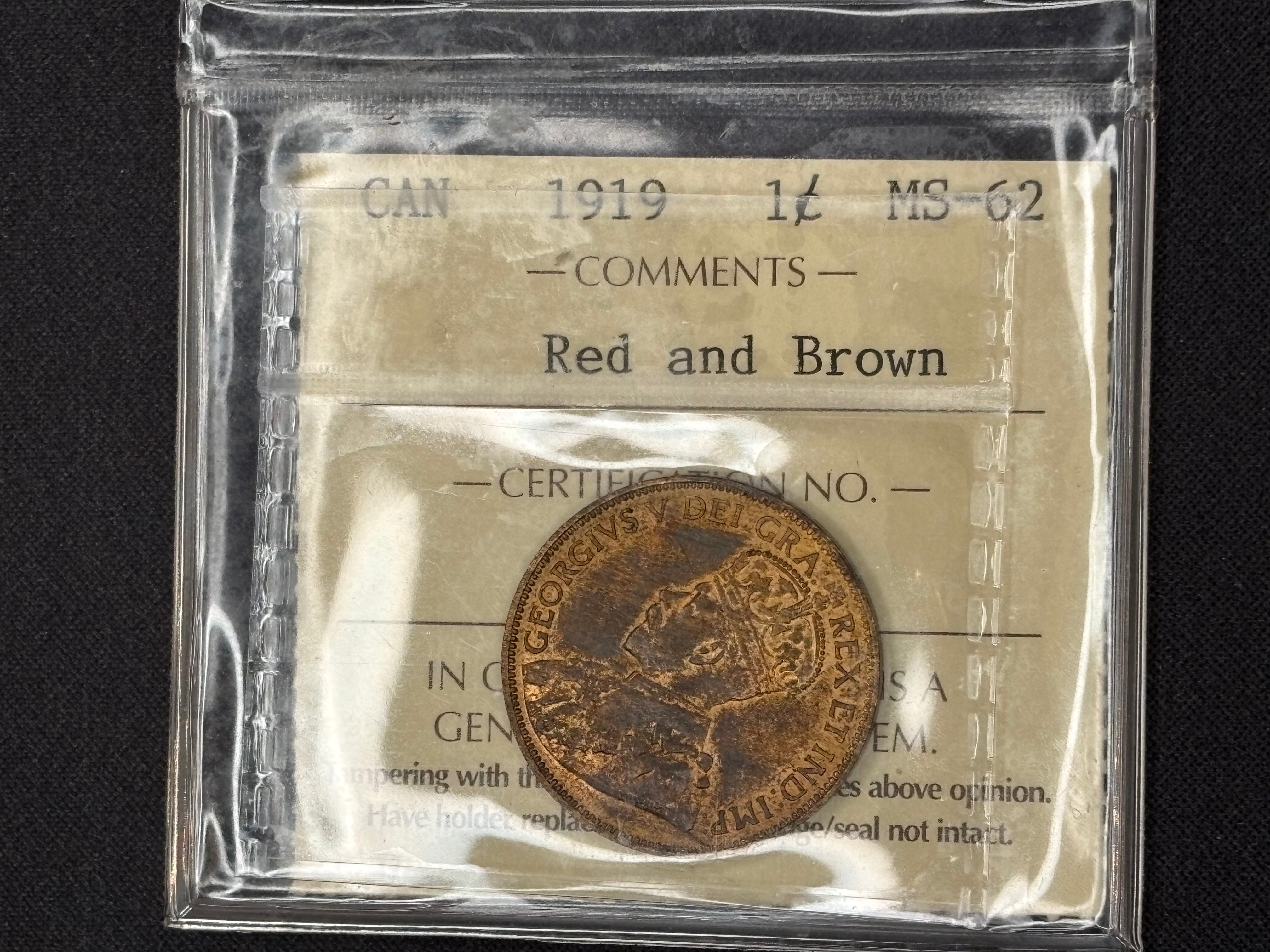 Canadian Coin - Penny - 1919 Red & Brown - MS62 ICCS