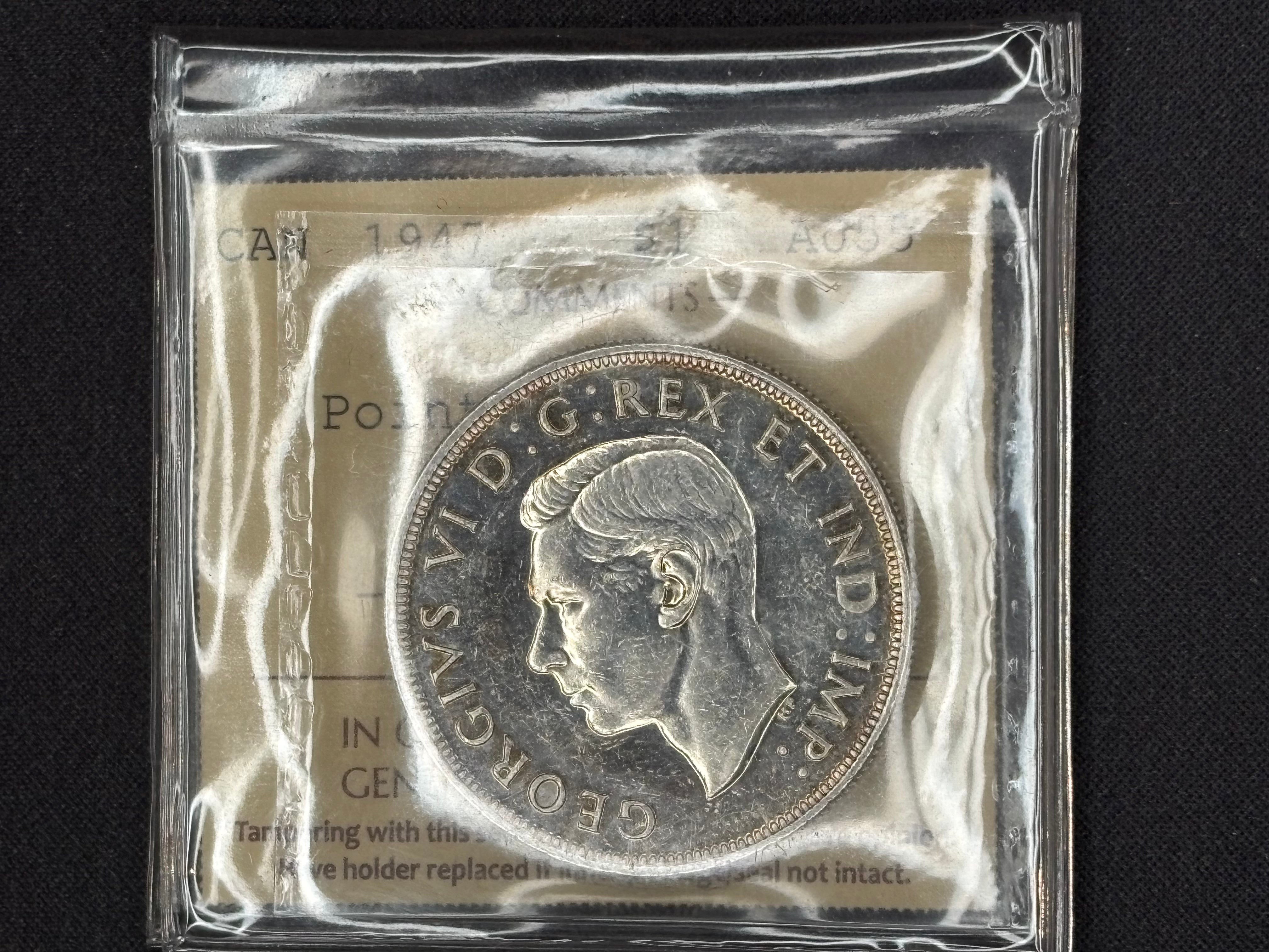 Canadian Silver Coin - Dollar - 1947 P7 Dot - AU55 ICCS