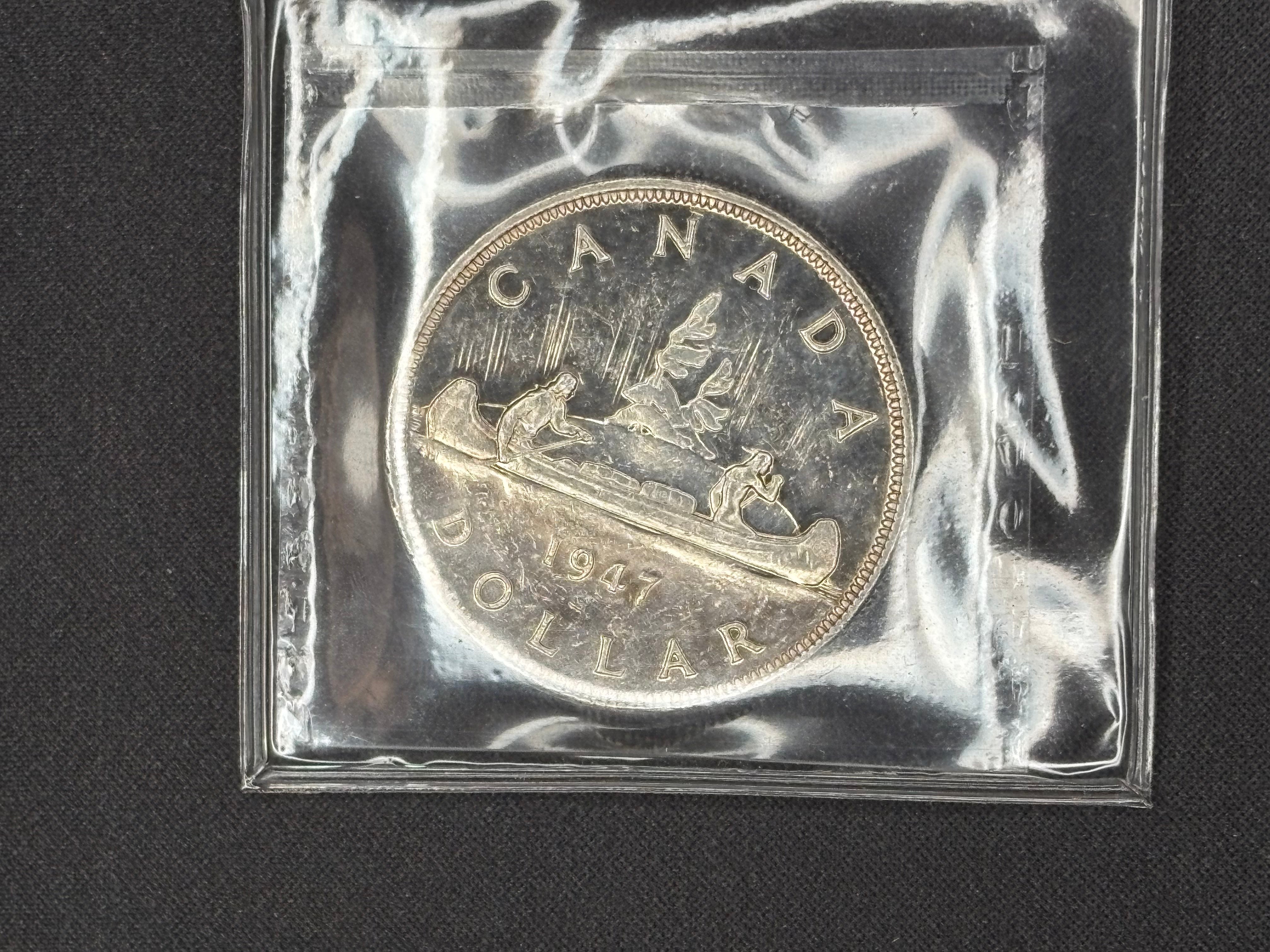 Canadian Silver Coin - Dollar - 1947 P7 Dot - AU55 ICCS