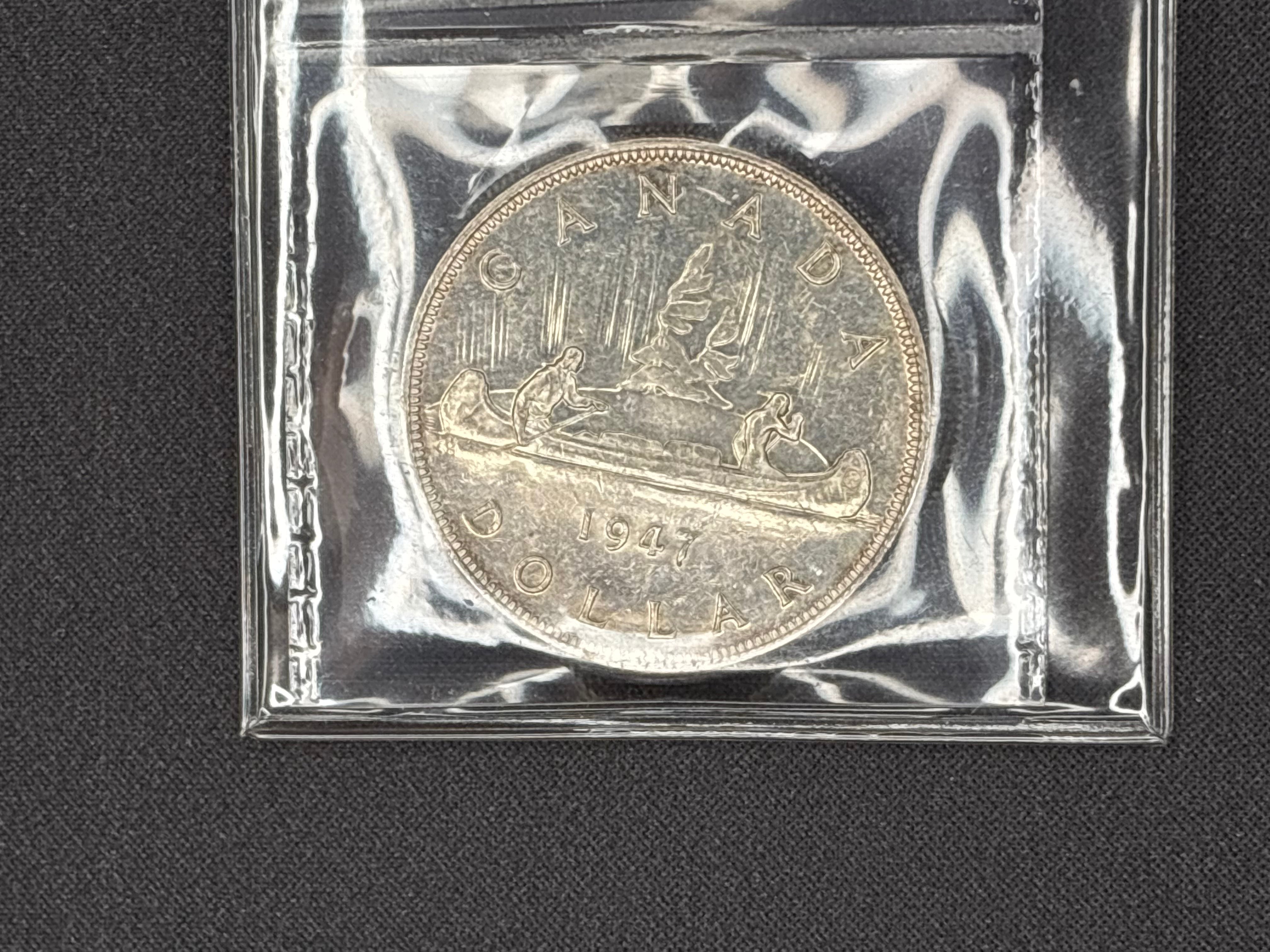 Canadian Silver Coin - Dollar - 1947 P7 Dot - AU50 ICCS