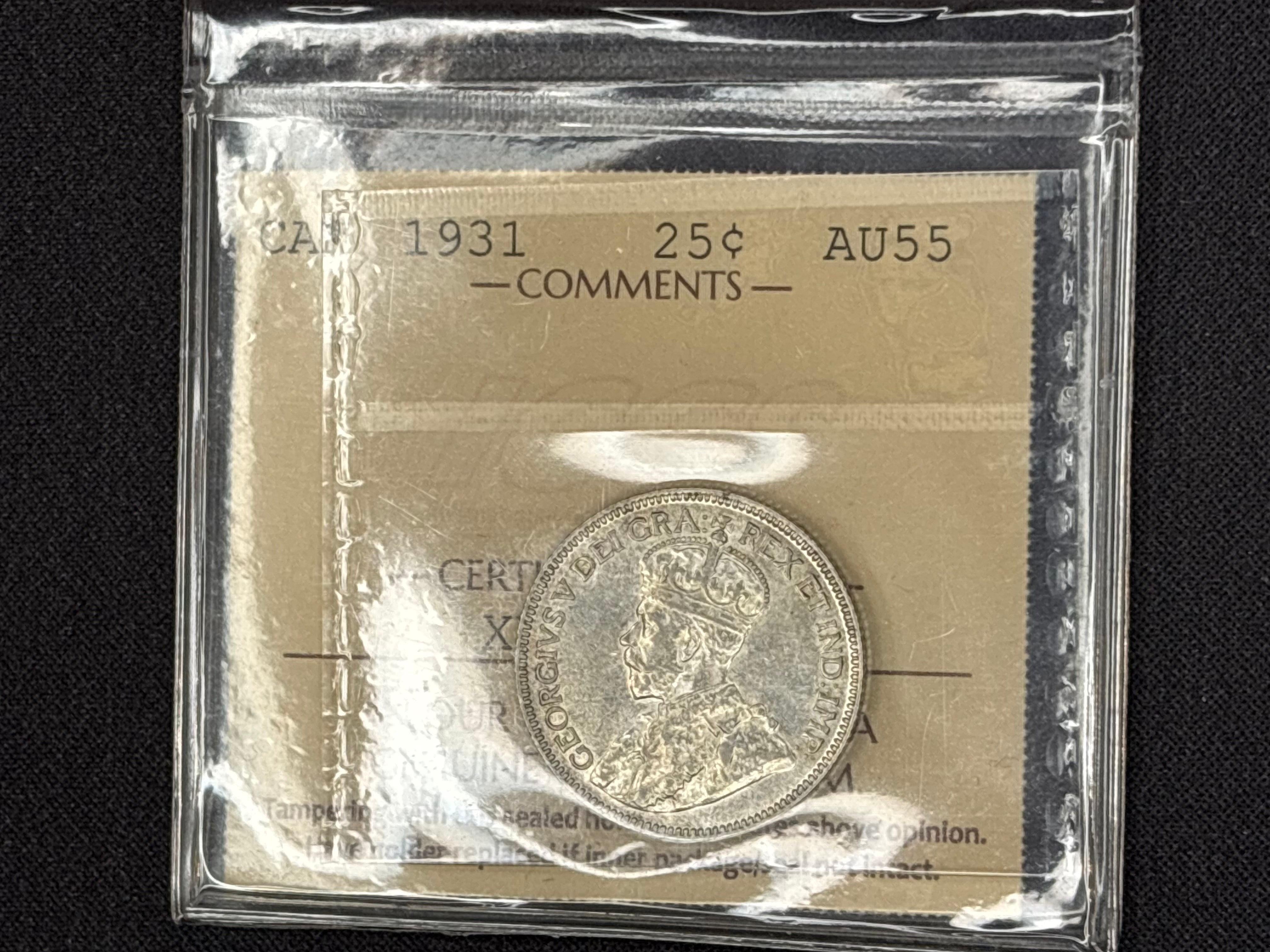 Canadian Silver Coin - 25 cents - 1931 AU55 ICCS