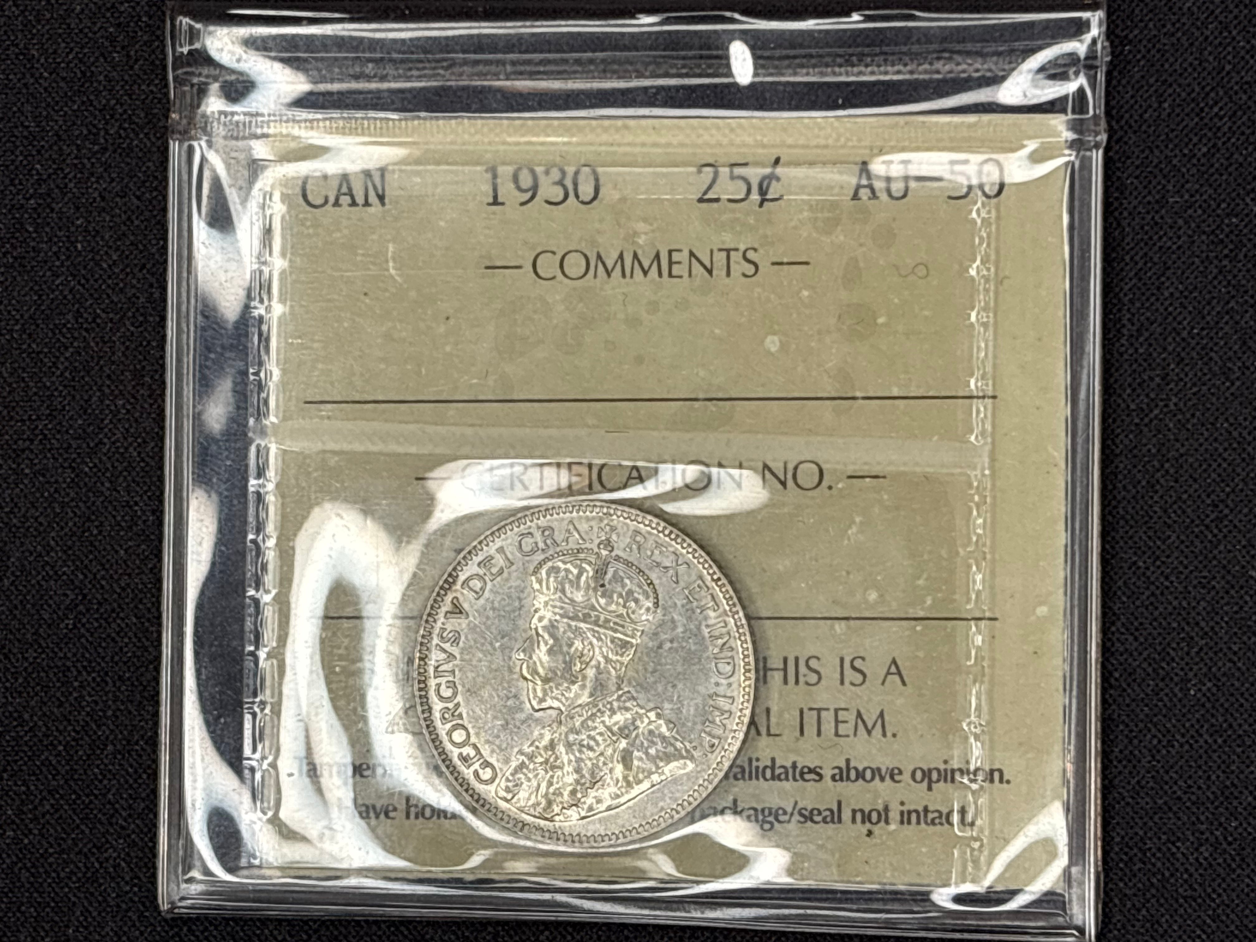 Canadian Silver Coin - 25 cents - 1930 AU50 ICCS