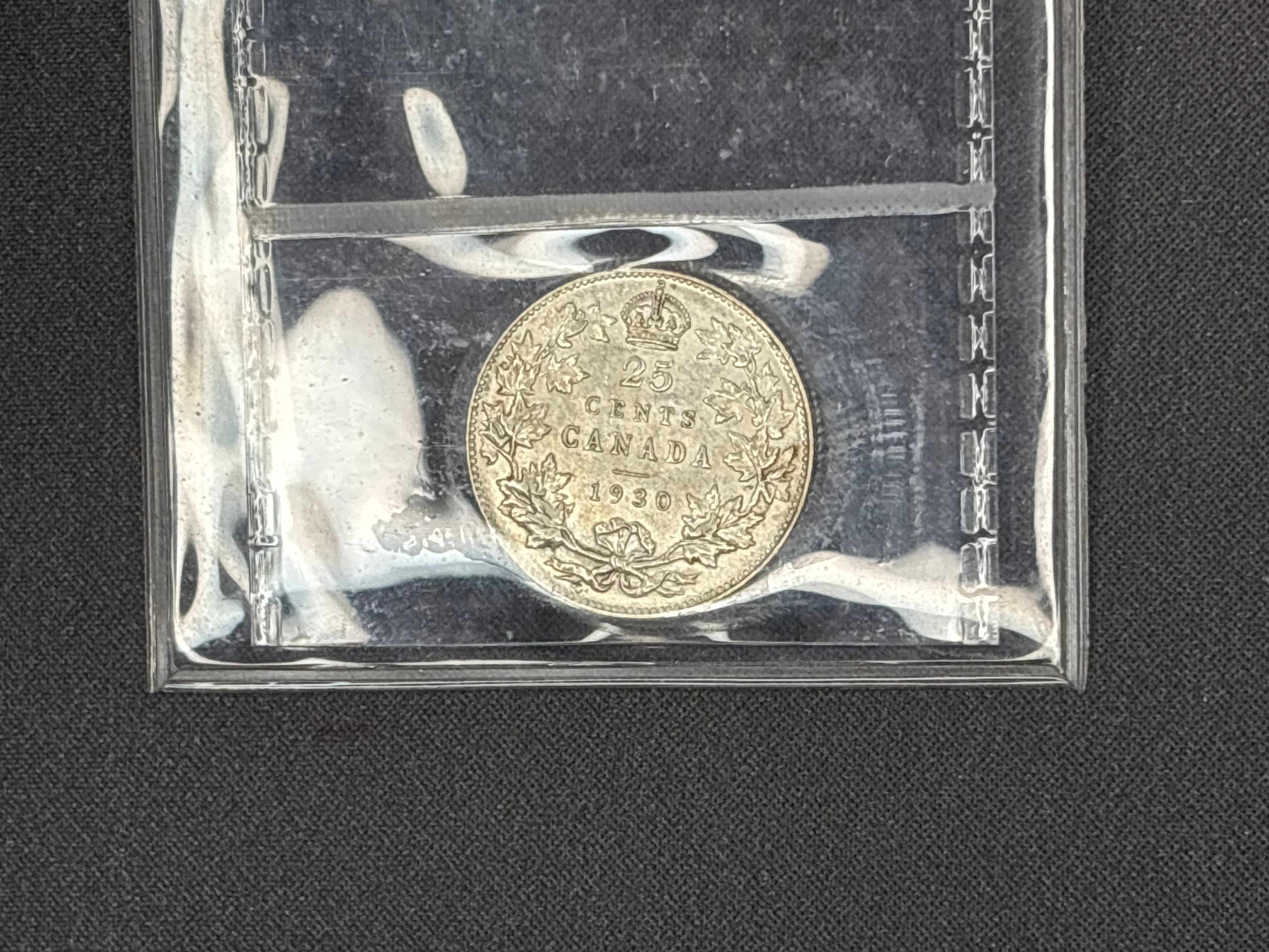 Canadian Silver Coin - 25 cents - 1930 AU50 ICCS