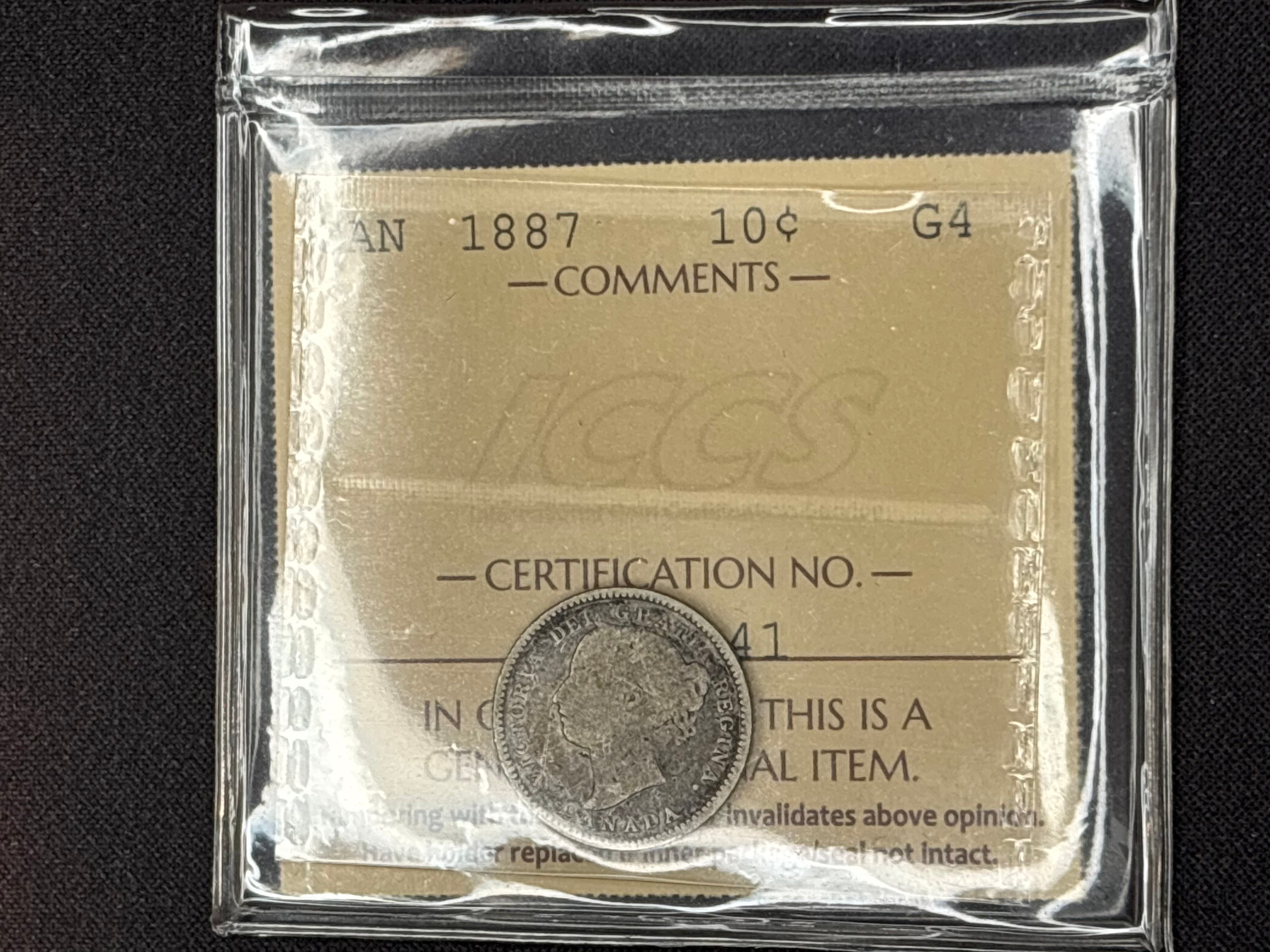 Canadian Silver Coin - 10 cents - 1887 G4 ICCS