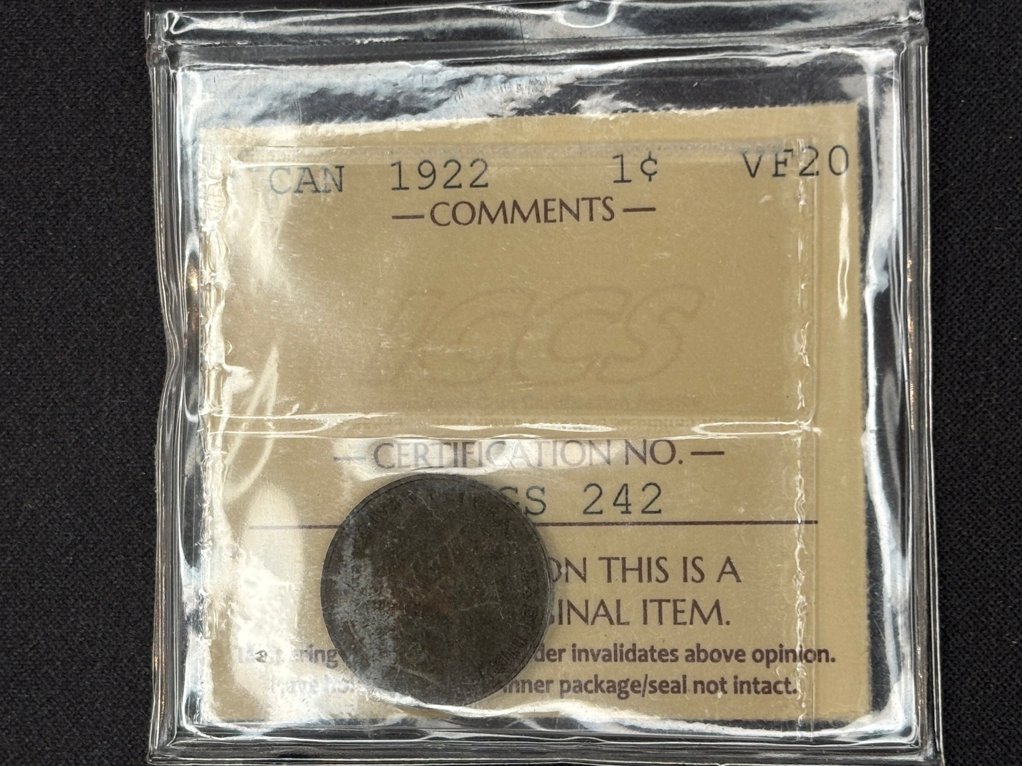 Canadian Coin - Penny - 1922 - VF20 ICCS