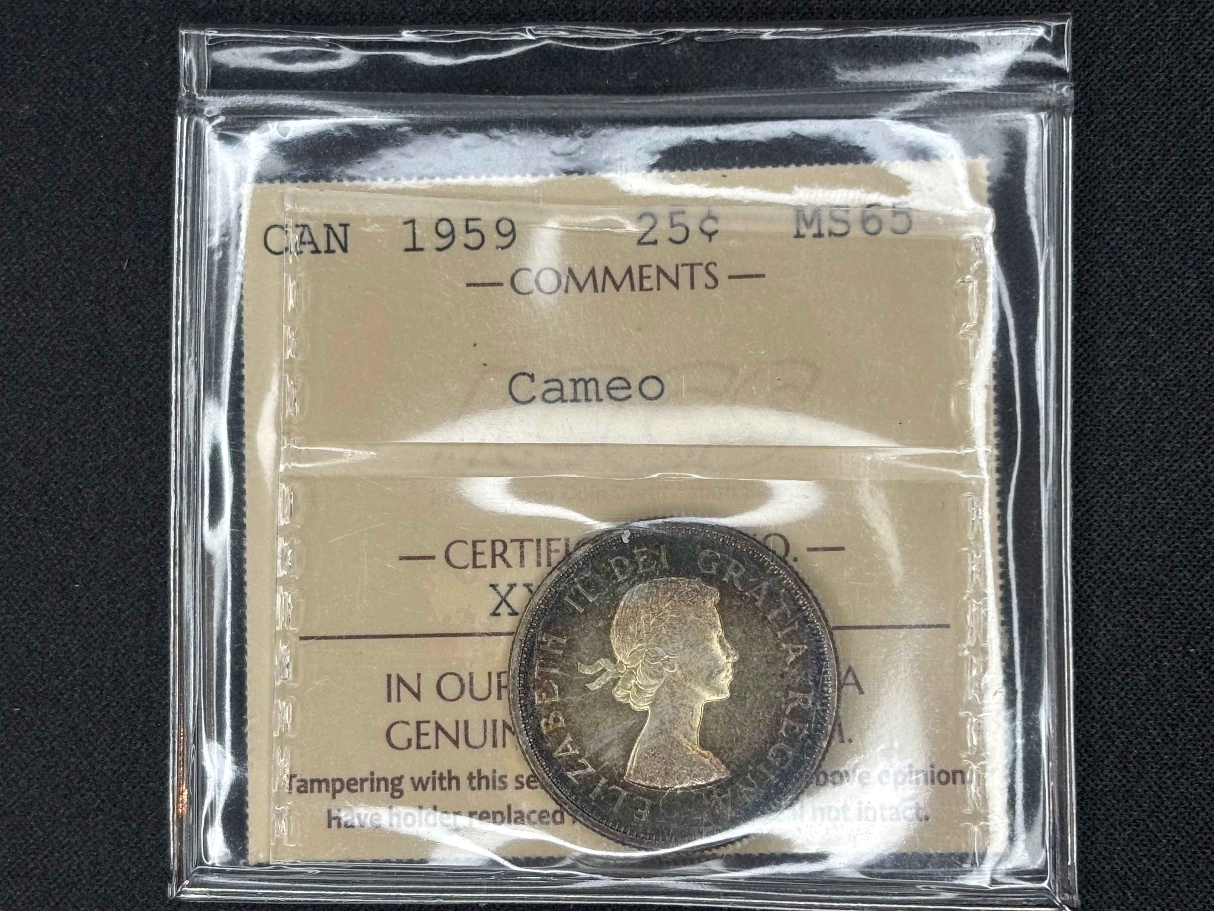 Canadian Silver Coin - 25 cents - 1959 Cameo - MS65 ICCS