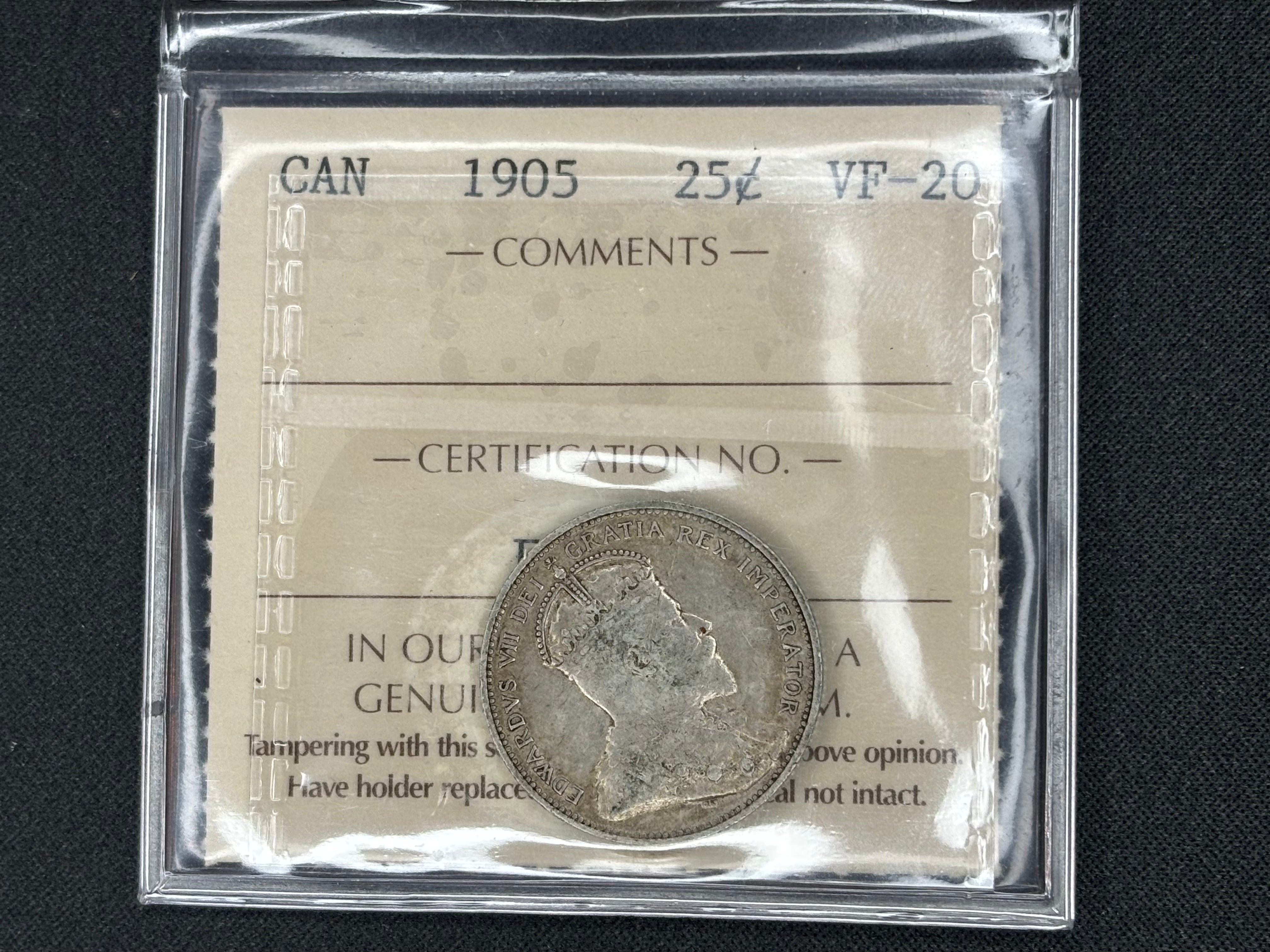 Canadian Silver Coin - 25 cents - 1905 - VF20 ICCS