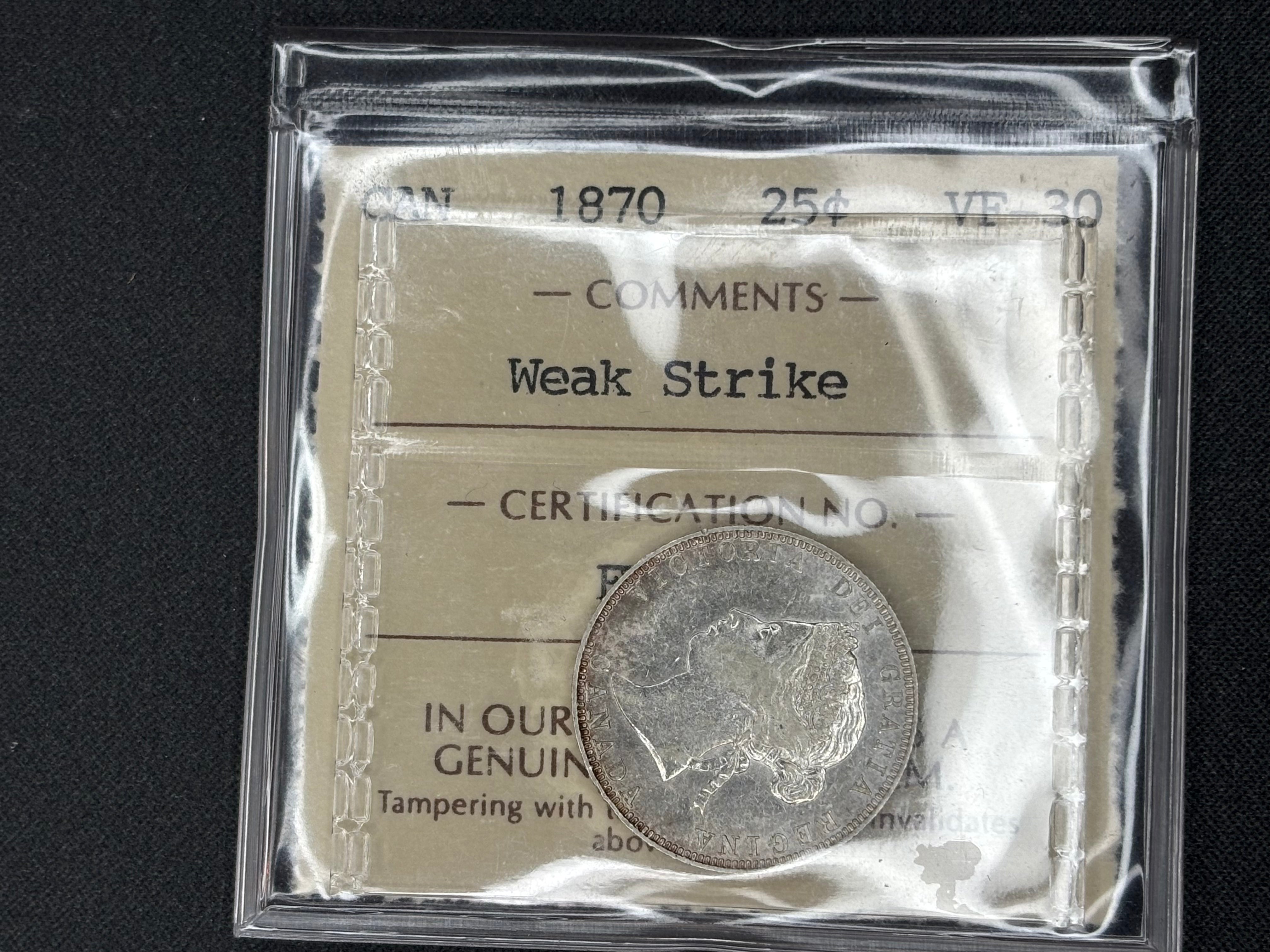 Canadian Silver Coin - 25 cents - 1870 WS- VF30 ICCS
