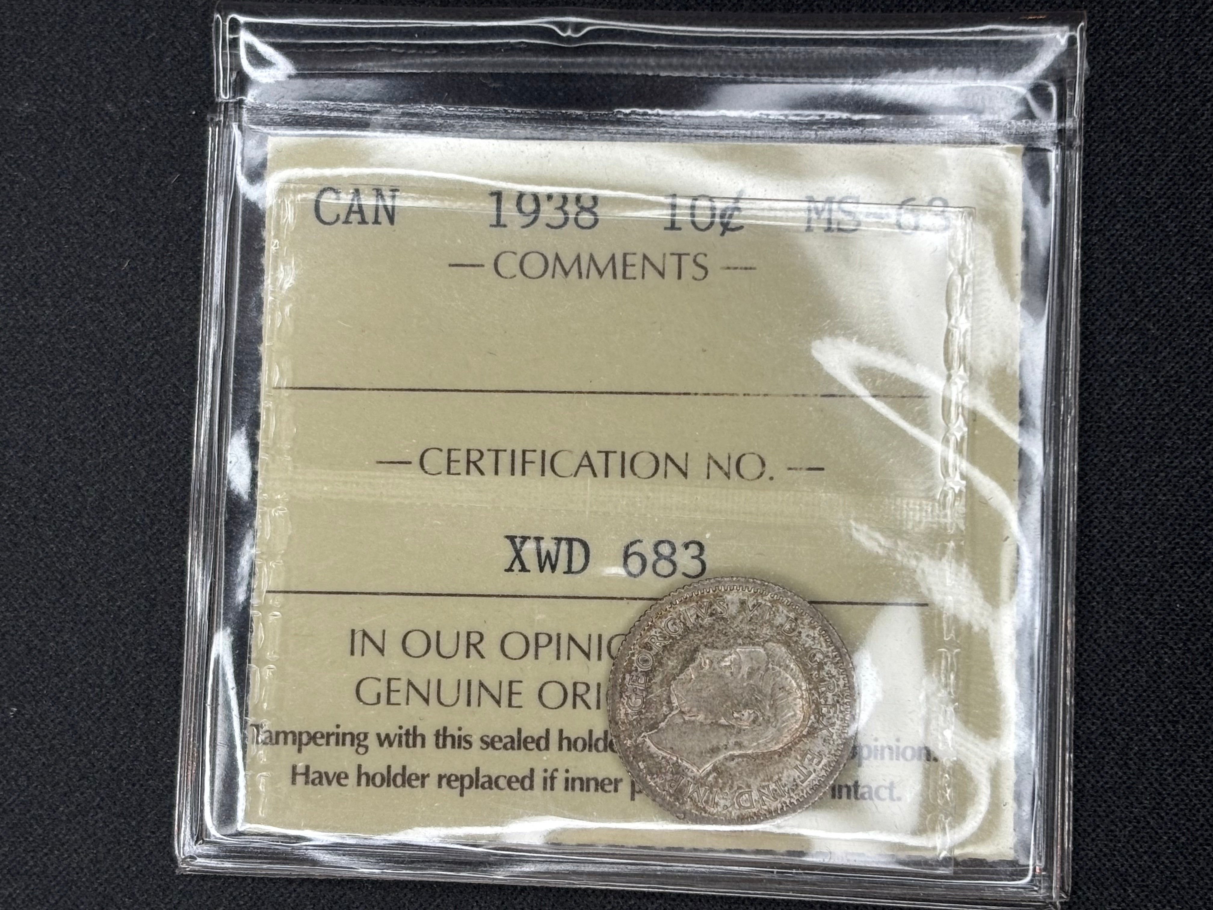Canadian Silver Coin - 10 cents - 1938 - MS63 ICCS