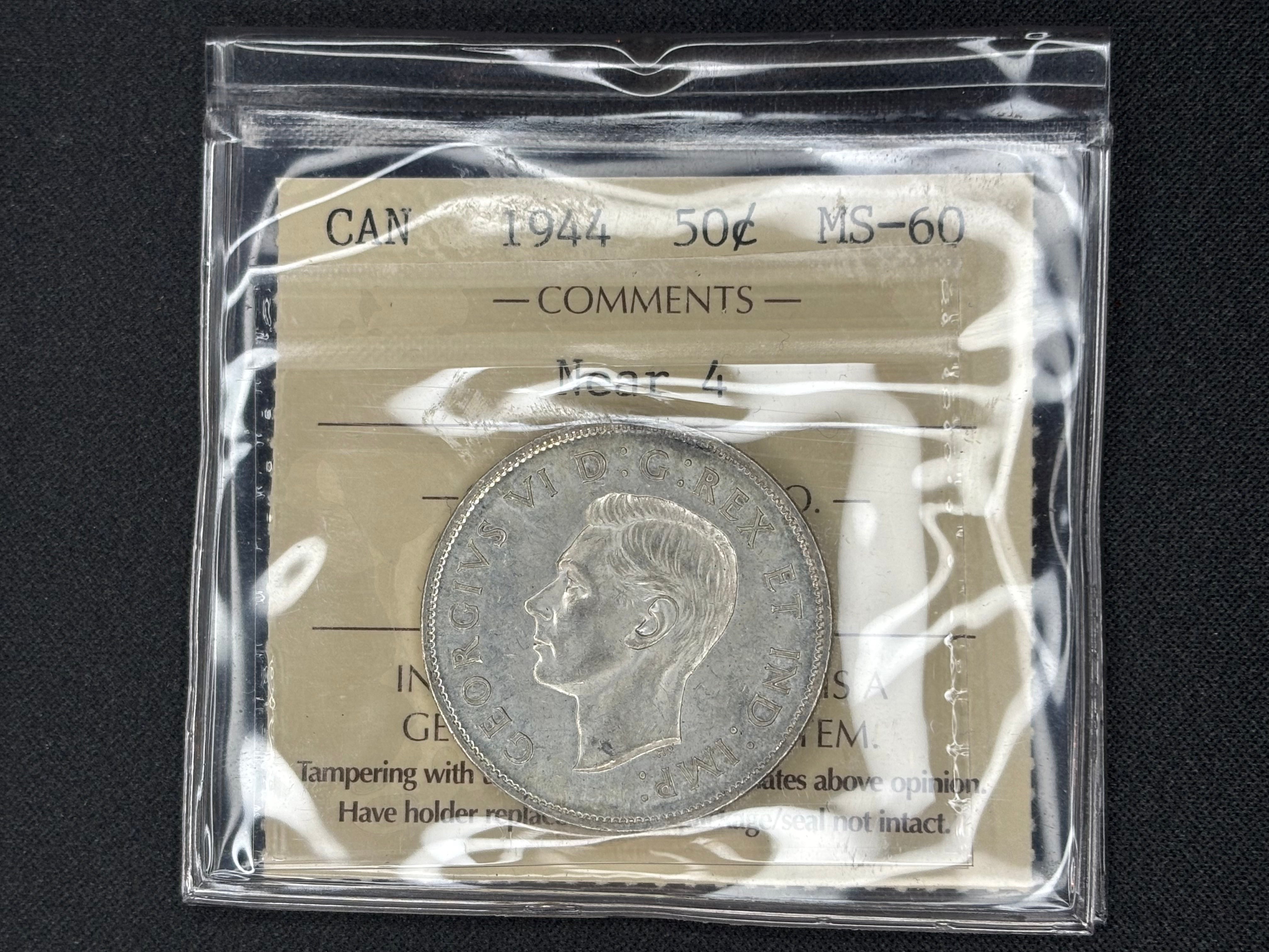 Canadian Silver Coin - 50 cents - 1944 Near - MS60 ICCS