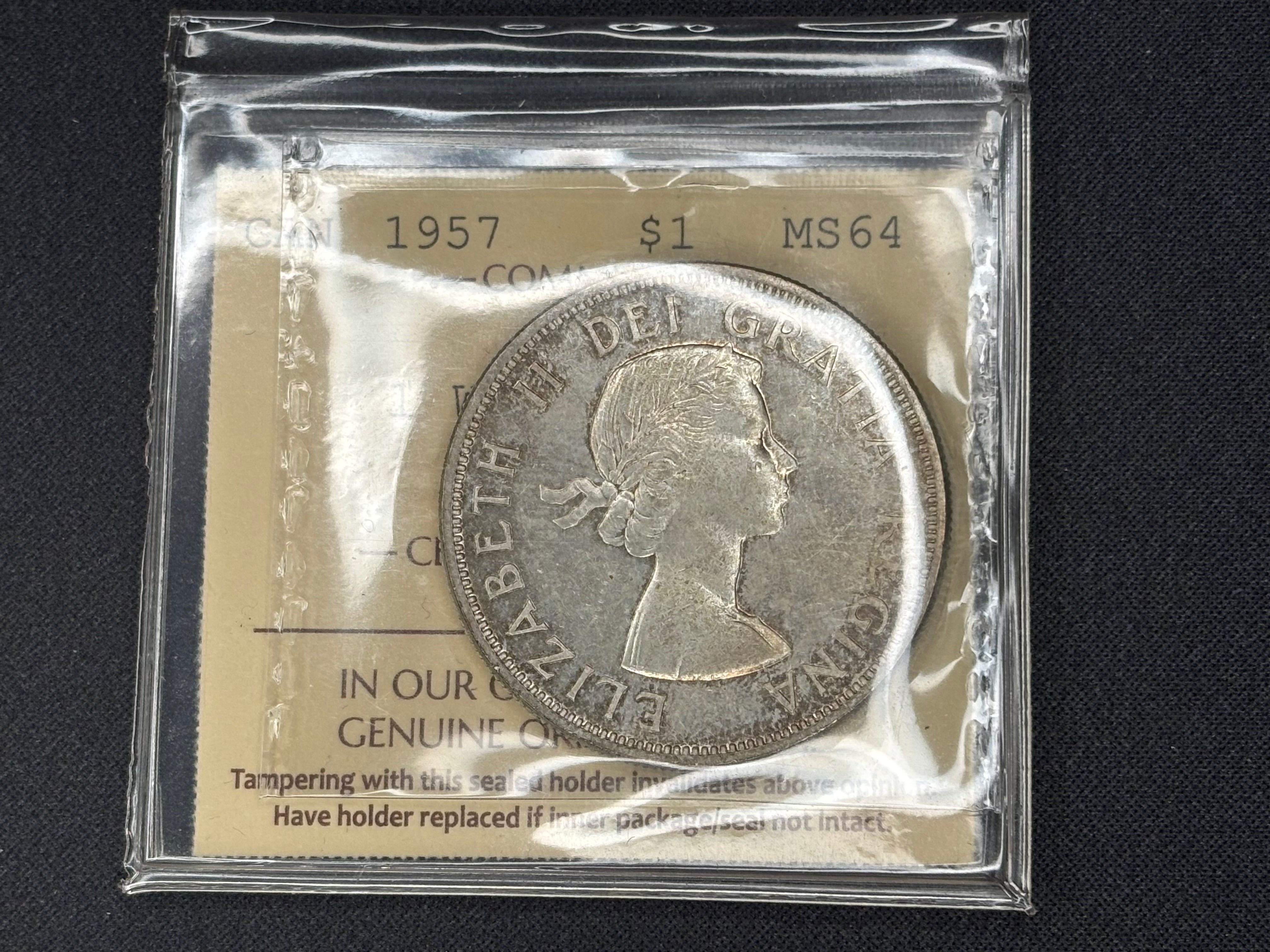 Canadian Silver Coin - Dollar - 1957 1WL - MS64 ICCS
