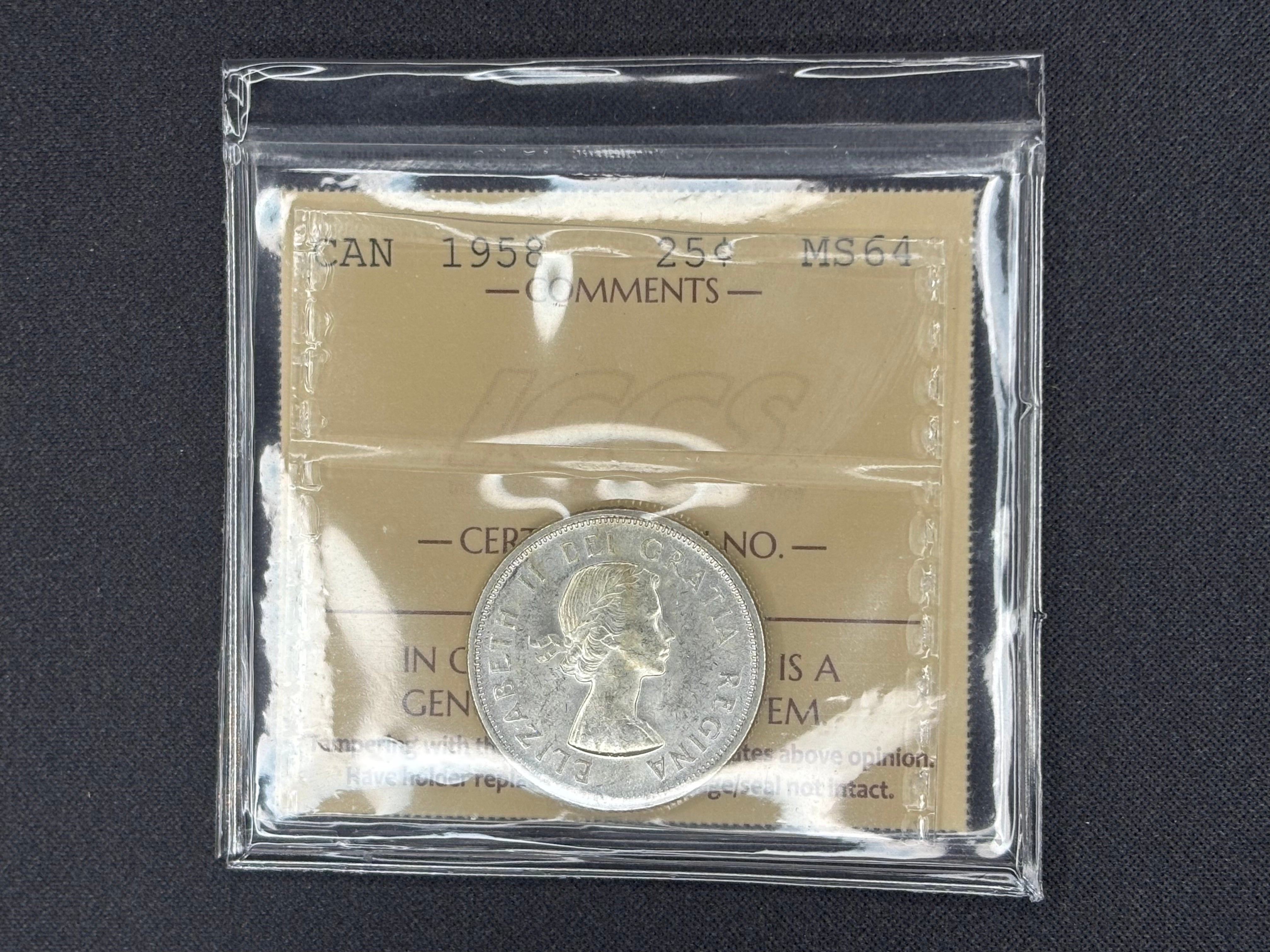 Canada Silver Coin - 25 cents - 1958- MS64 ICCS