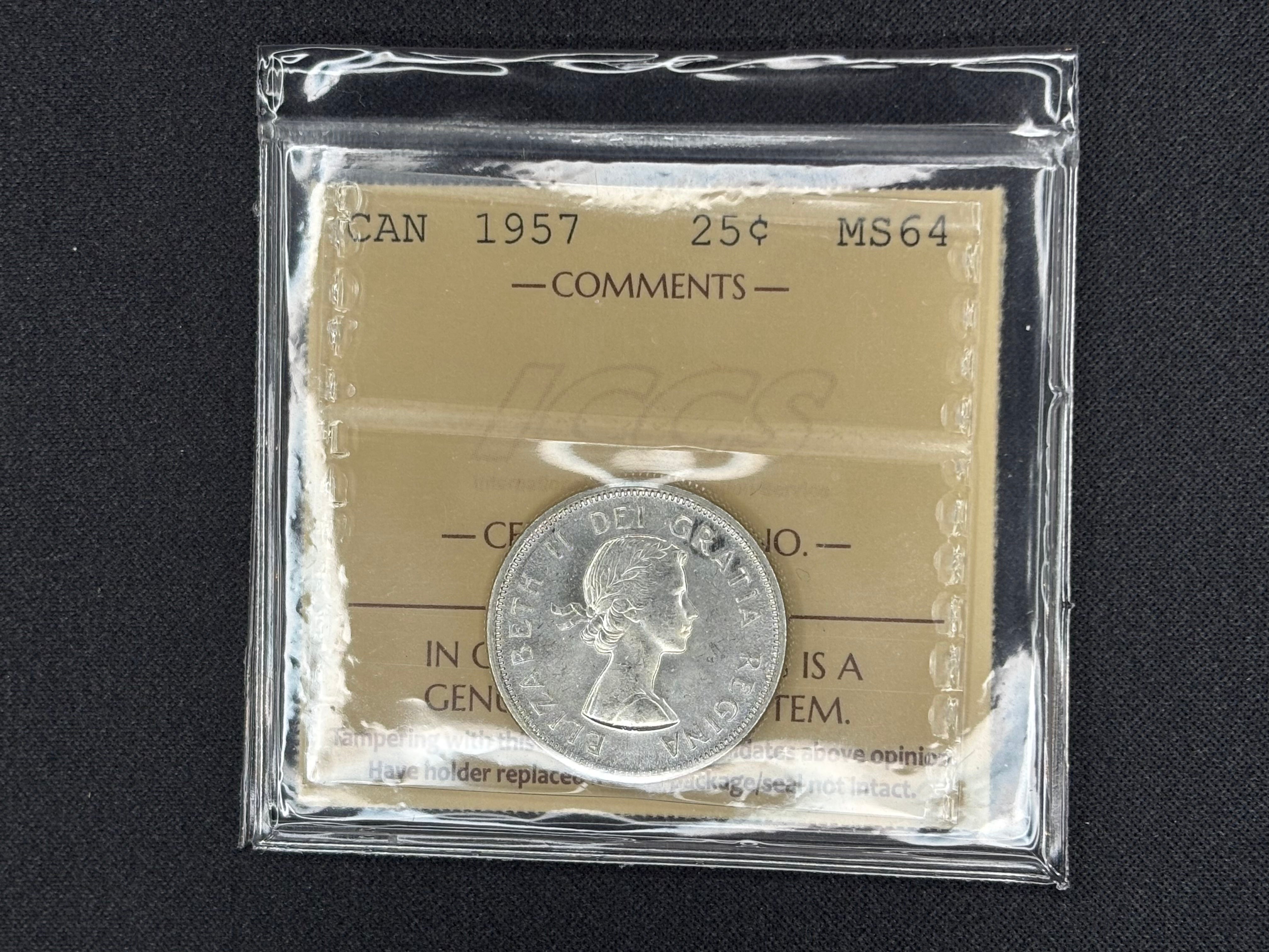 Canada Silver Coin - 25 cents - 1957- MS64 ICCS