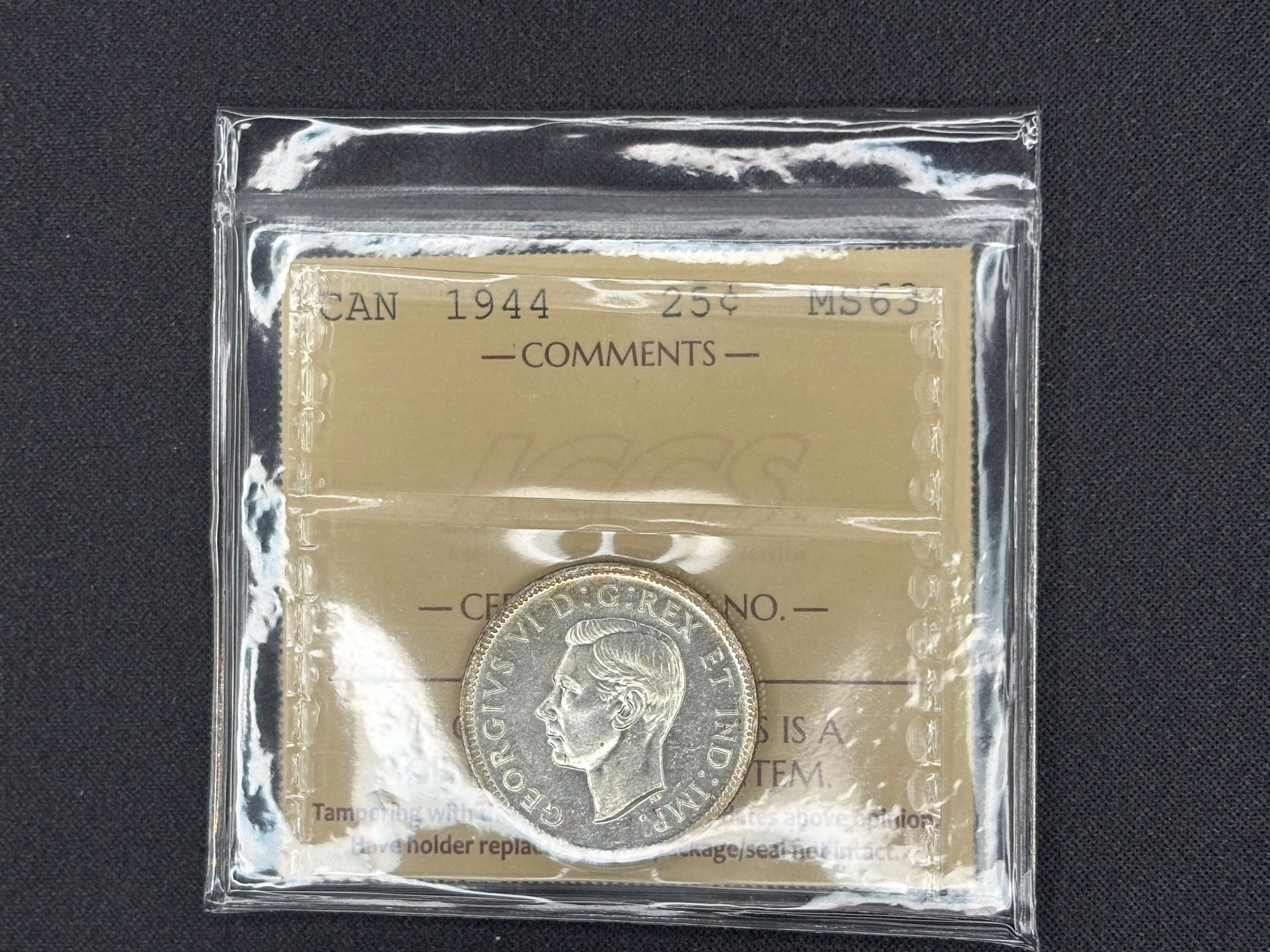 Canadian Silver Coin - 25 cents - 1944- MS63 ICCS