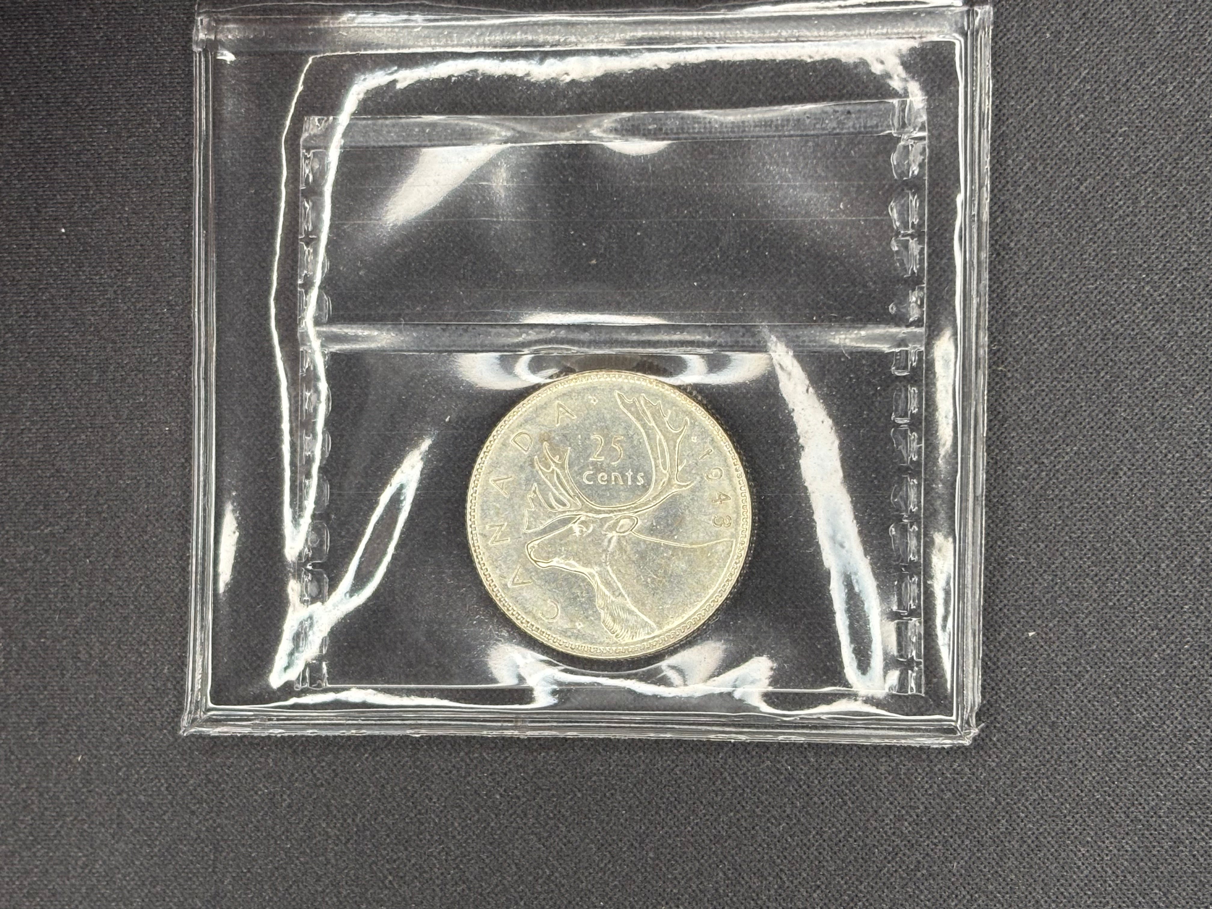 Canadian Silver Coin - 25 cents - 1943- MS62 ICCS