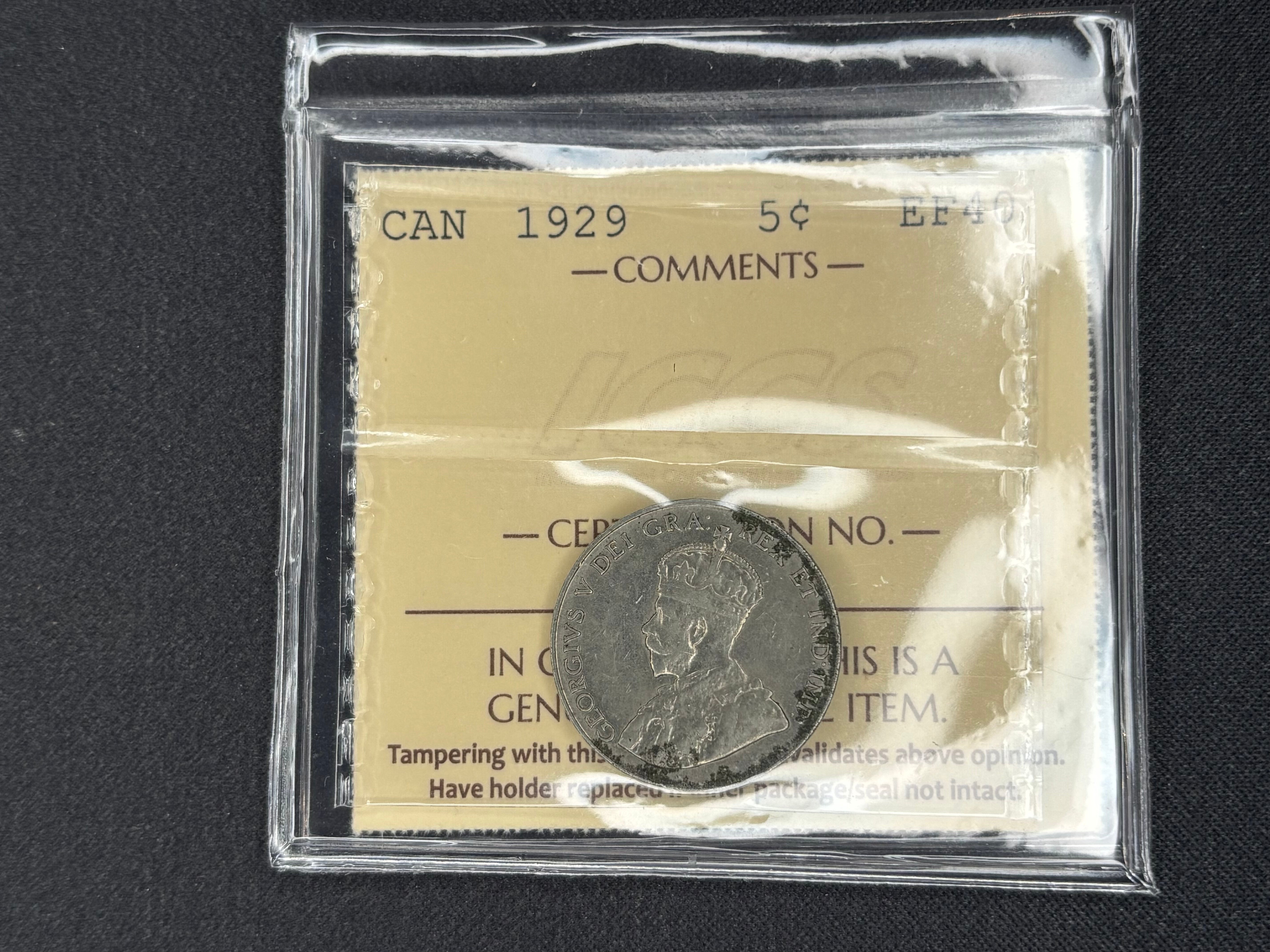 Canadian Nickel Coin - 5 cent - 1929 - EF40 ICCS