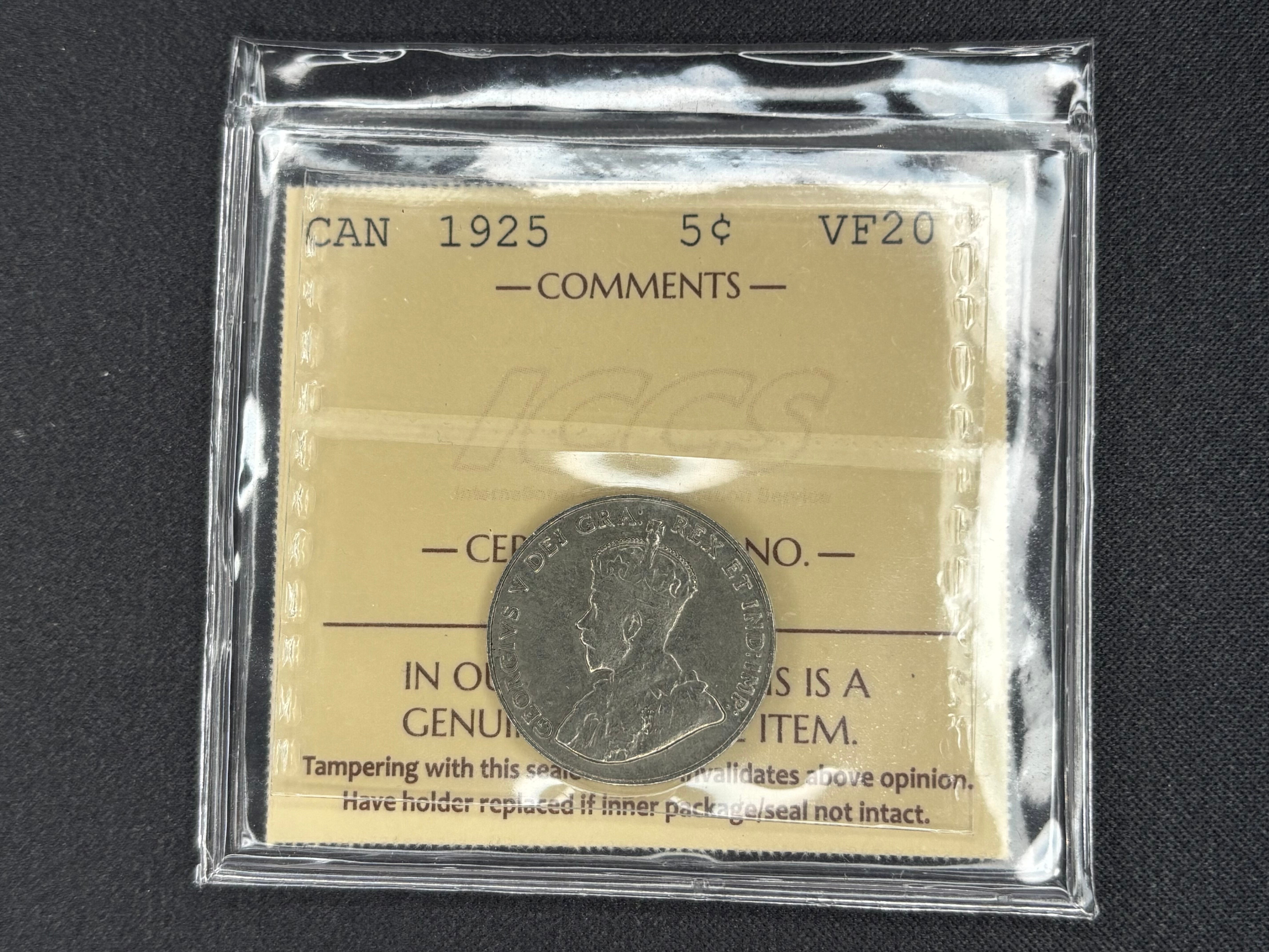 Key date Canada Silver Coin - 5 cent - 1925 - VF20 ICCS
