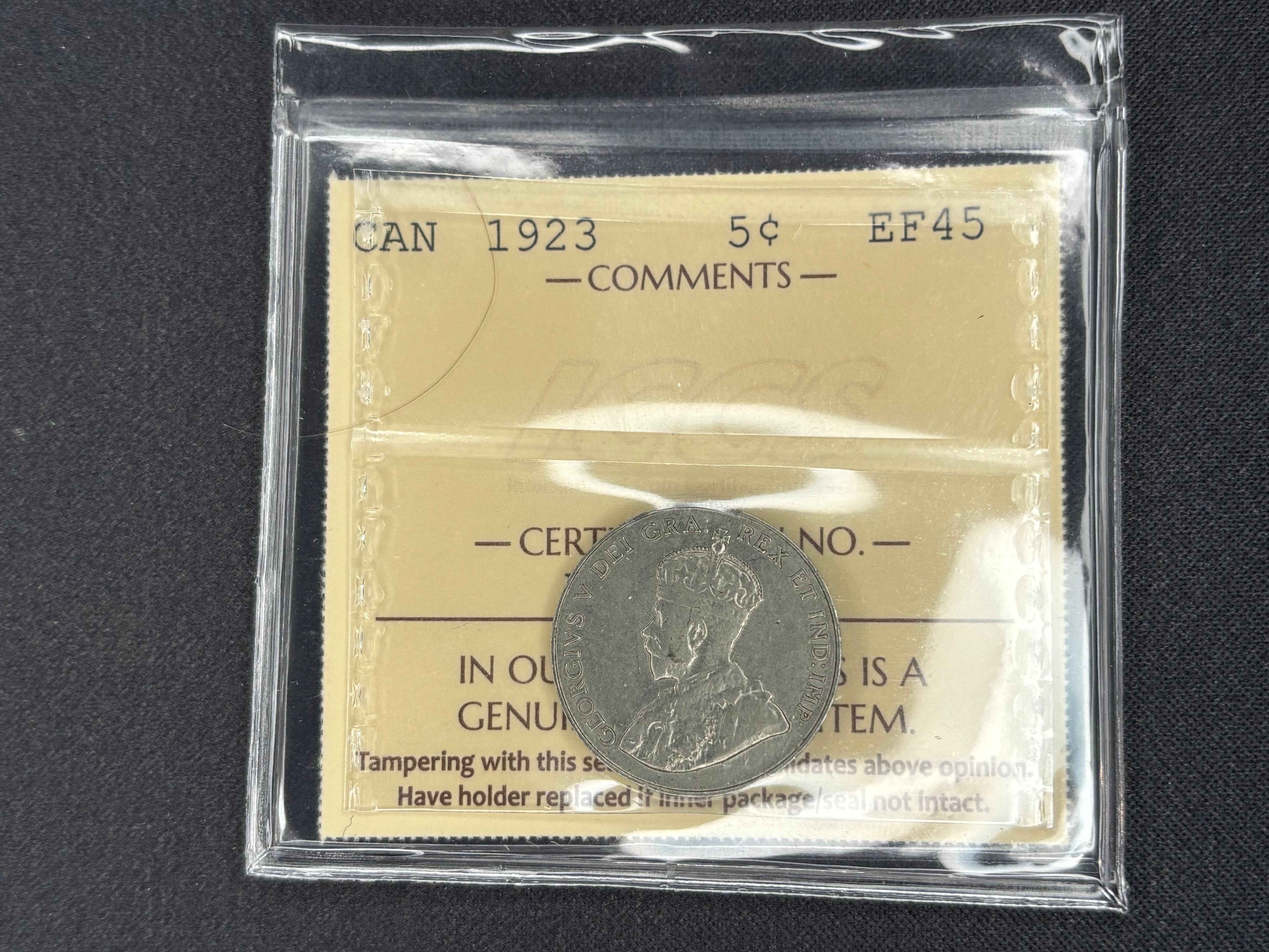 Canadian Nickel Coin - 5 cent - 1923 - EF45 ICCS