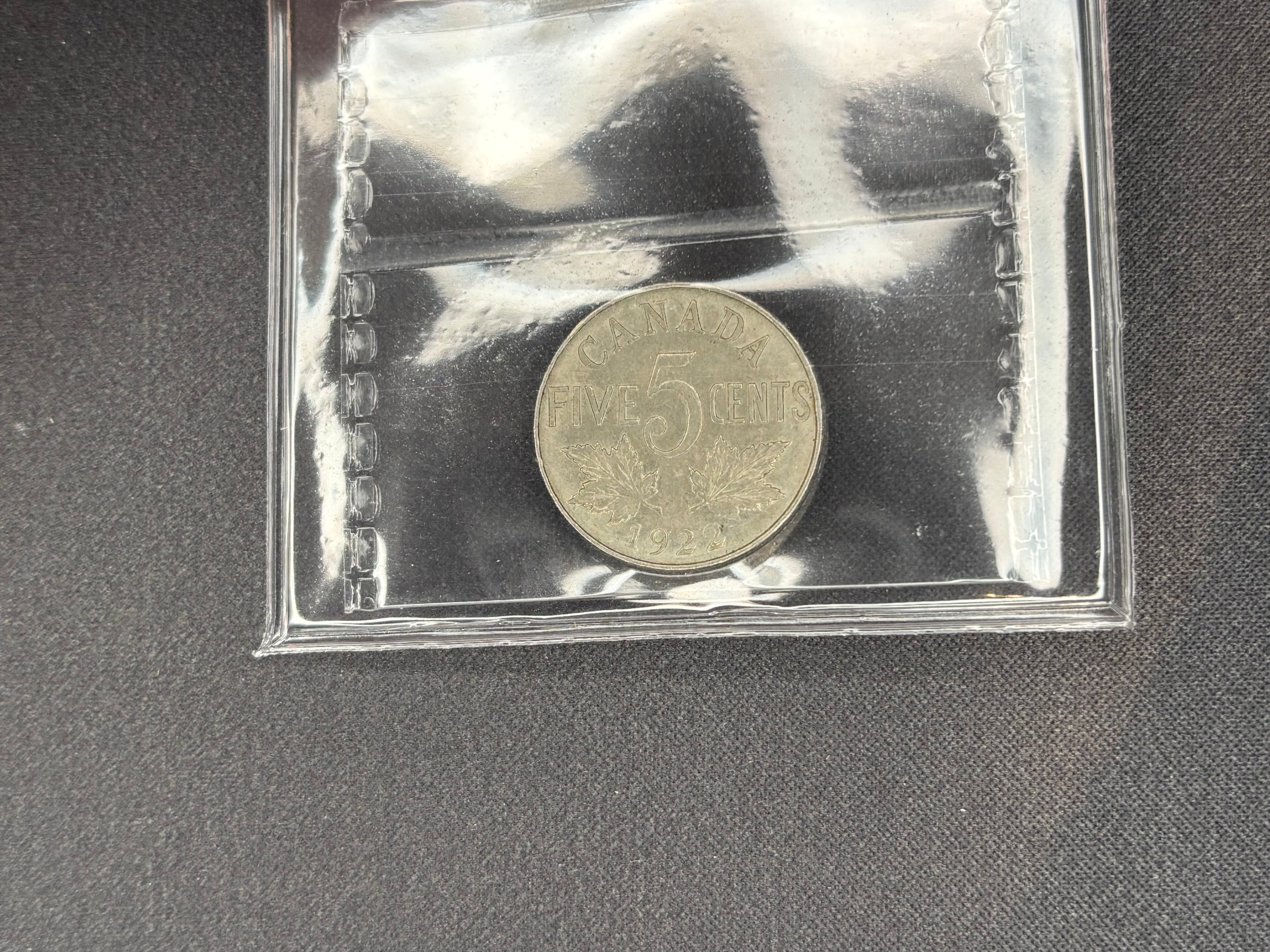 Canadian Nickel Coin - 5 cent - 1922 - EF45 ICCS