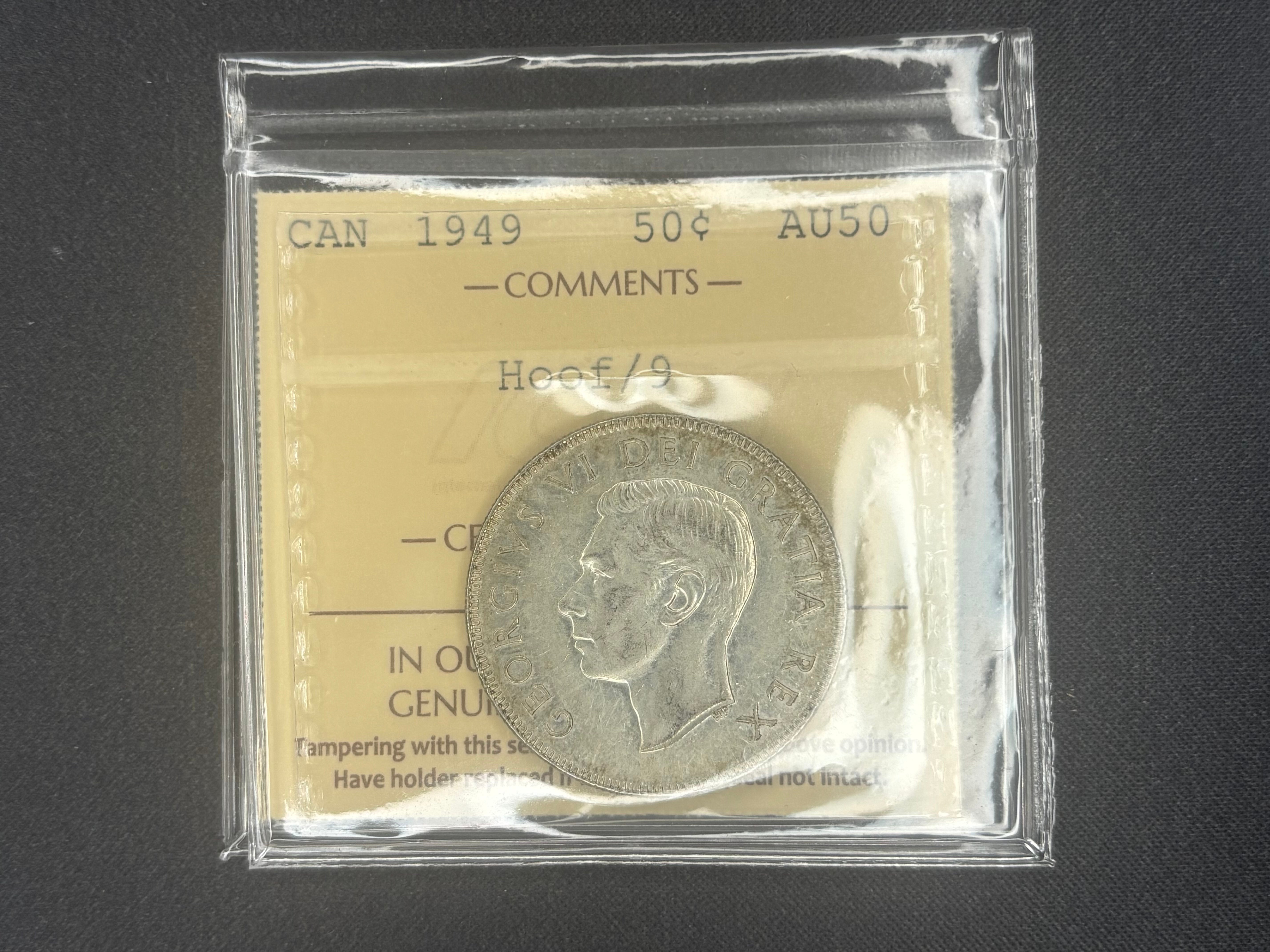 Canada Silver Coin - 50 cents - 1949 Hoof - AU50 ICCS
