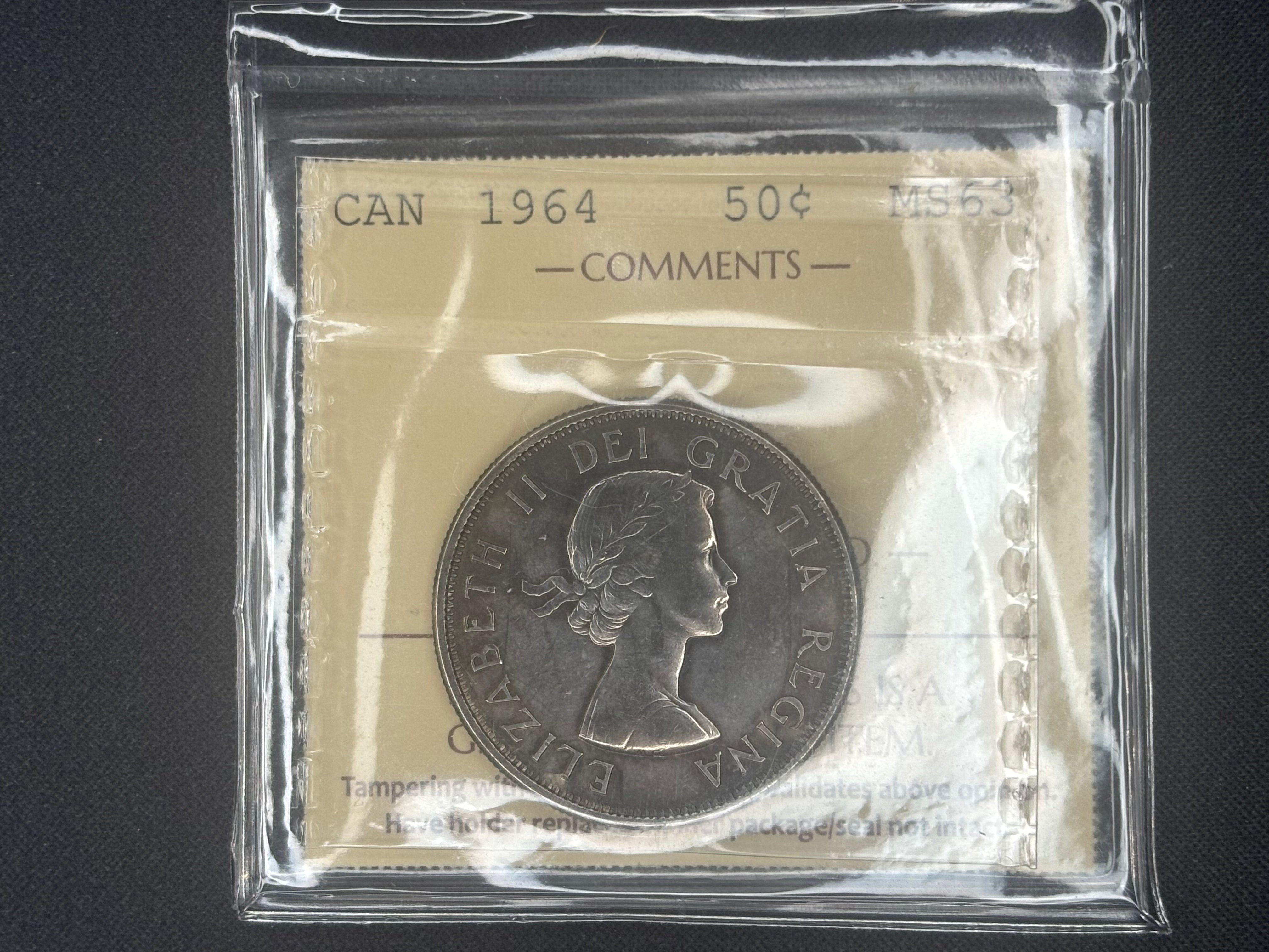 Canada Silver Coin - 50 cents -1964 Toned- MS63 ICCS