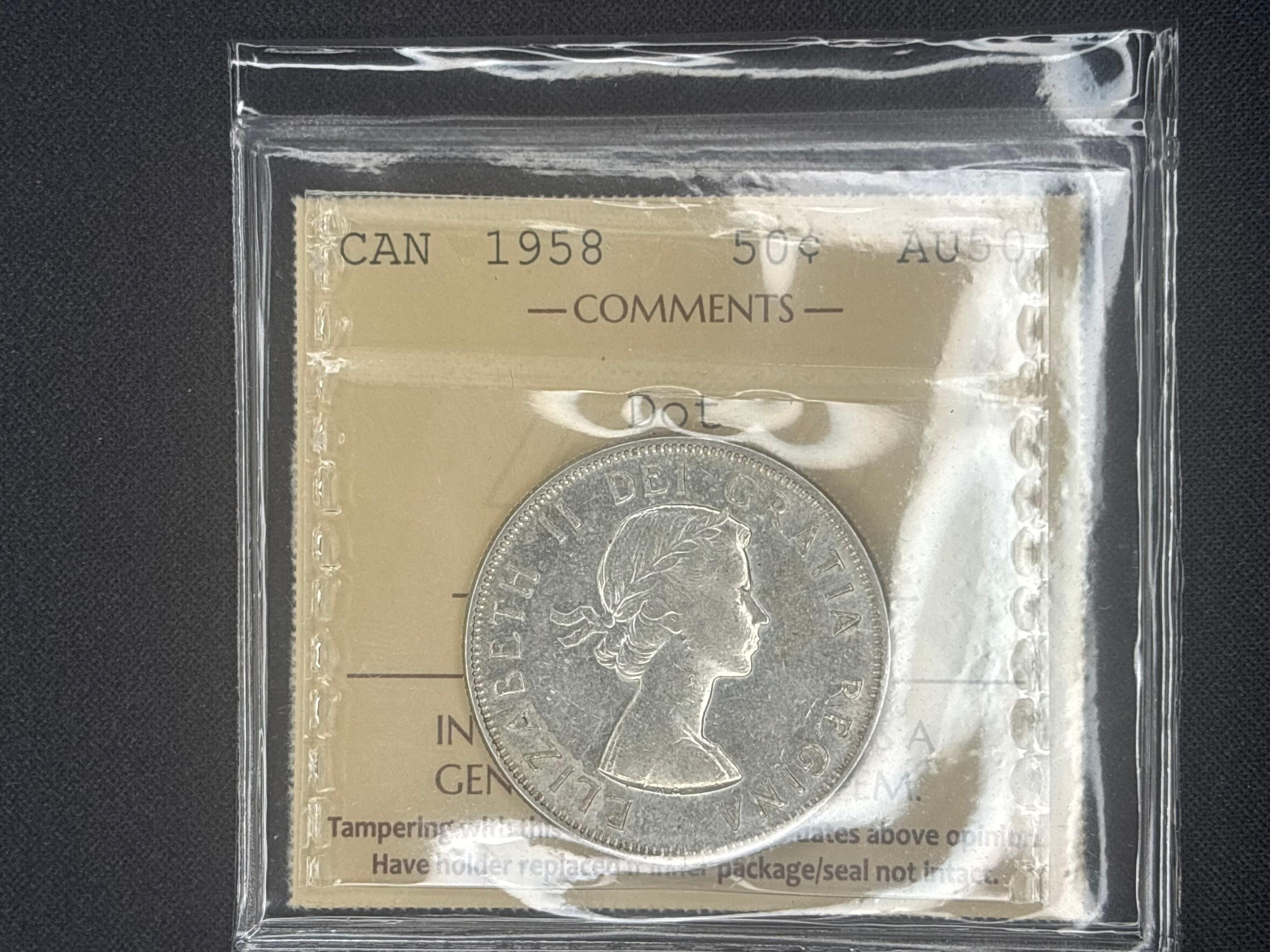 Canada Silver Coin - 50 cents -1958 Dot - AU50 ICCS