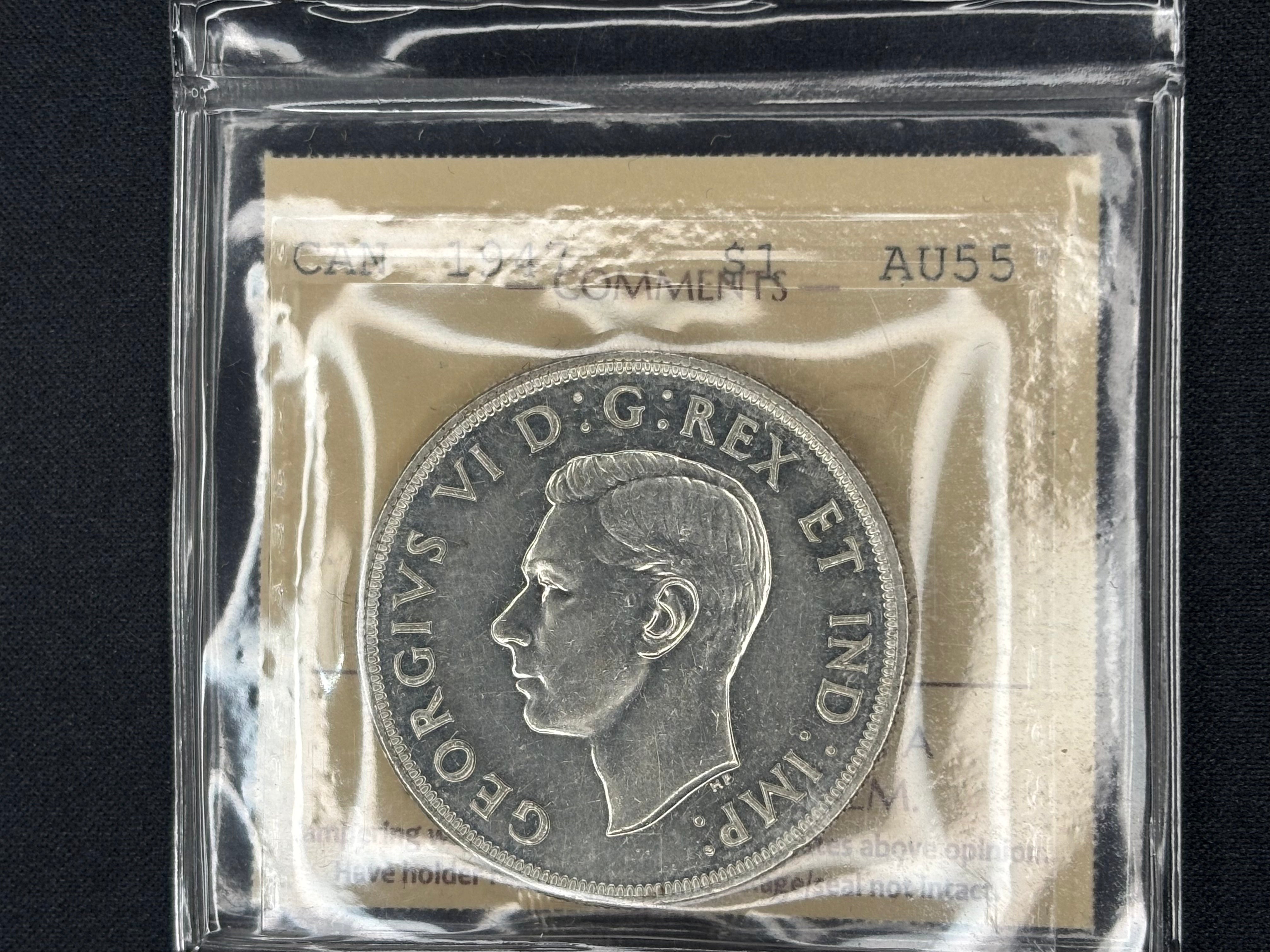 Canadian Silver Coin - Dollar - 1947 Blunt 7 - AU55 ICCS