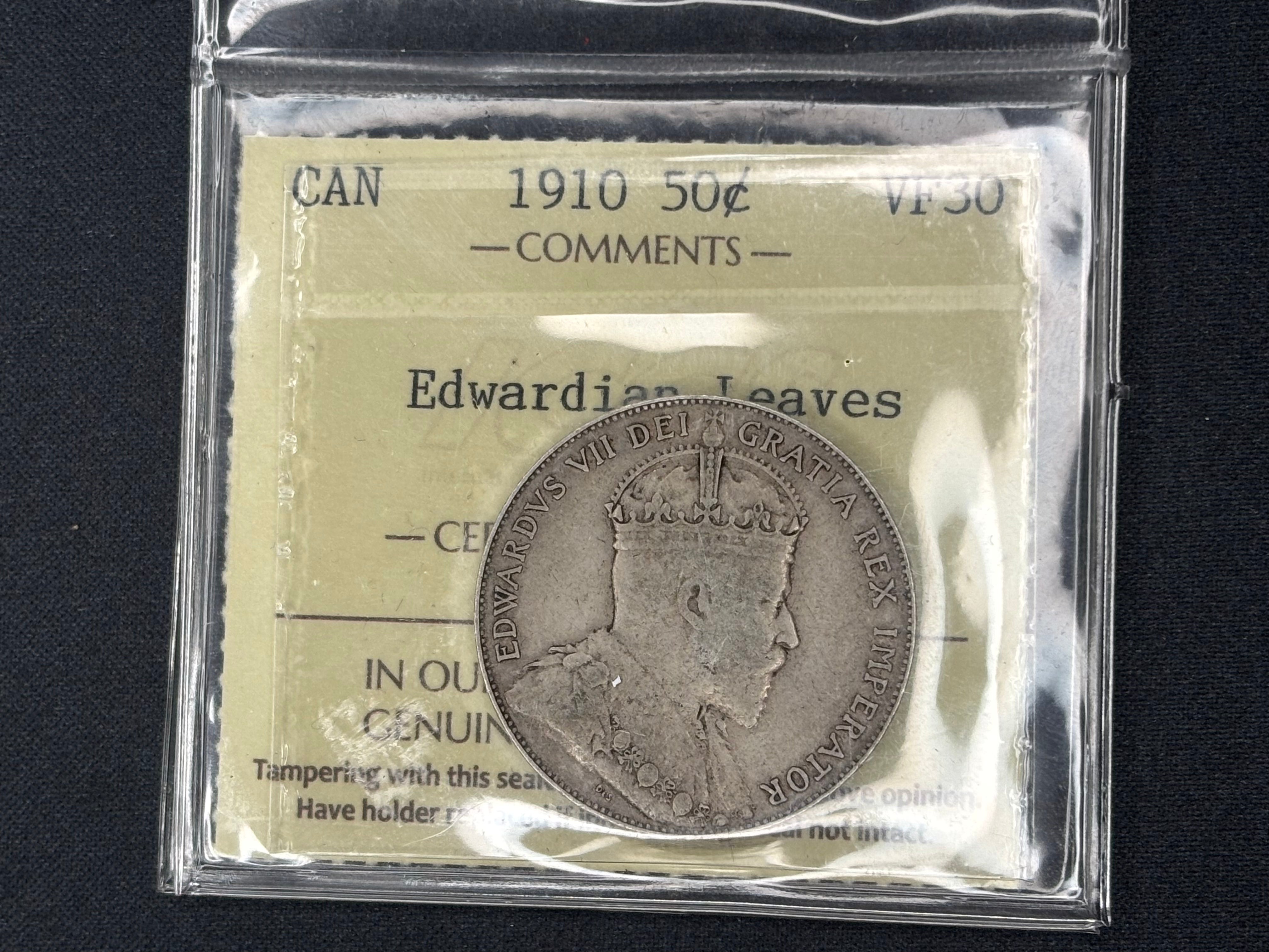 Canadian Silver Coin - 50 cents -1910 Edwardian Leaves - VF30 ICCS